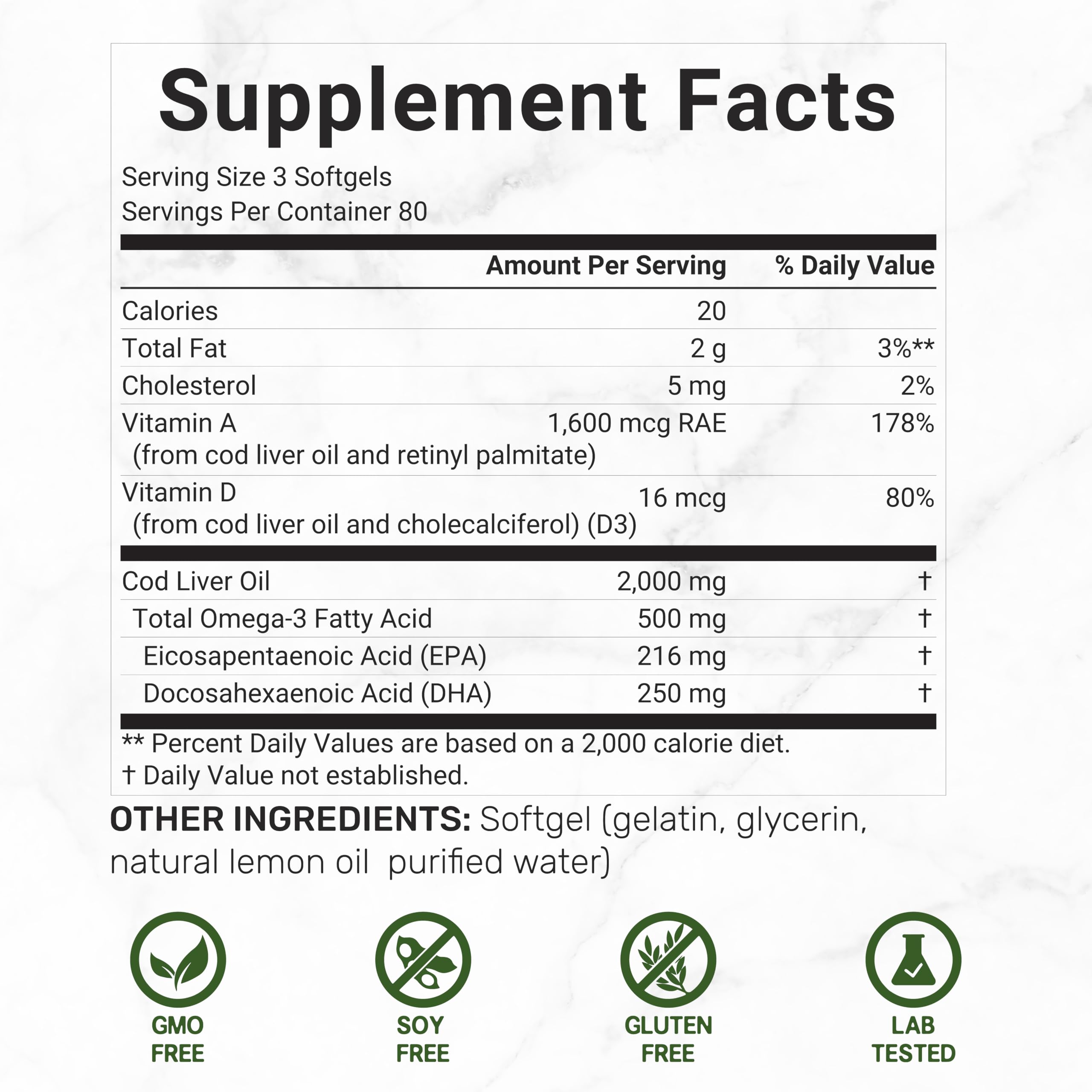 Wild Caught Cod Liver Oil 2,000mg | 240 Softgels | Burpless Lemon Flavor