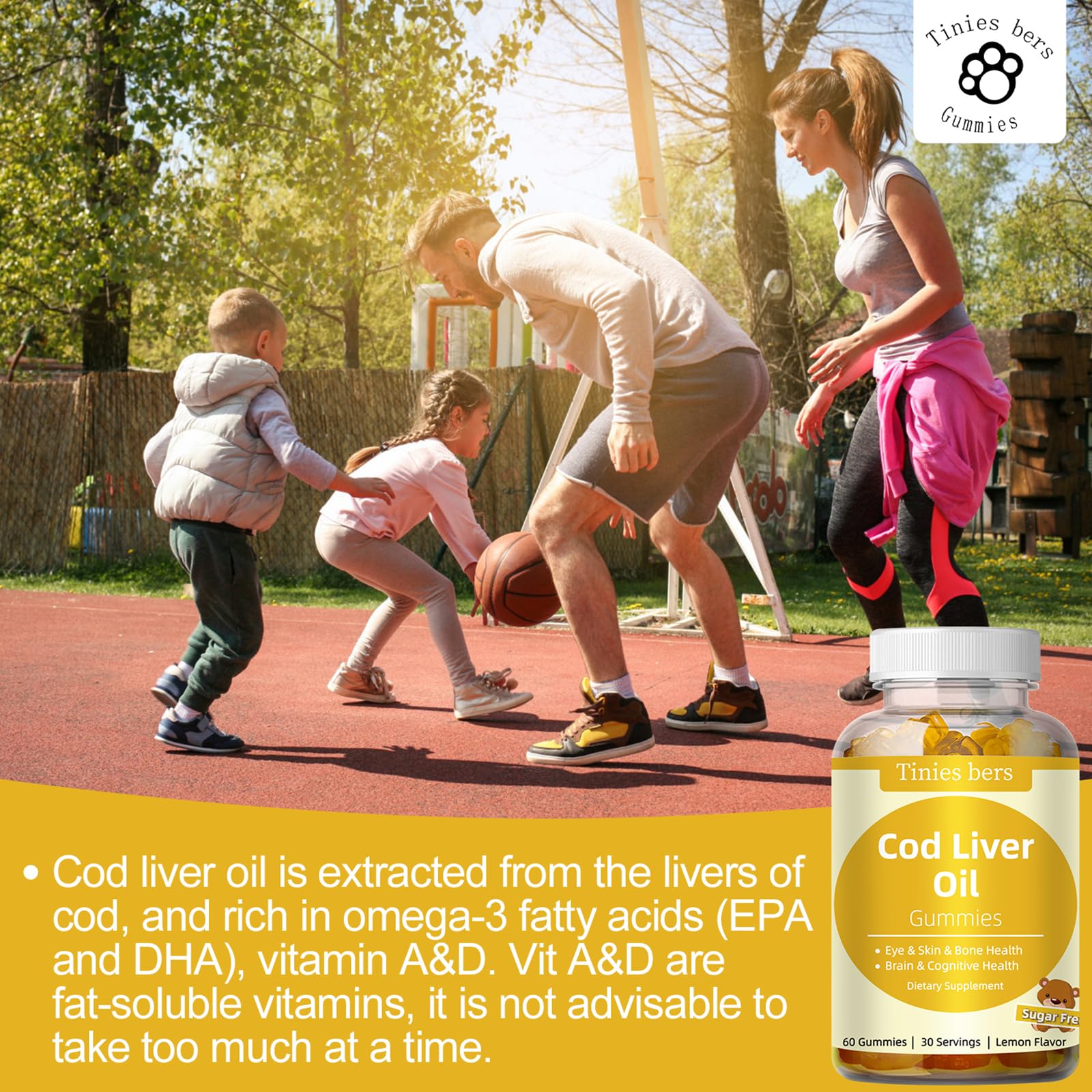 Cod Liver Oil Gummies 1000mg – Sugar Free, Omega-3s, Vitamins A & D | Adults & Kids | Gluten Free, Non-GMO, Pectin | 60 Count