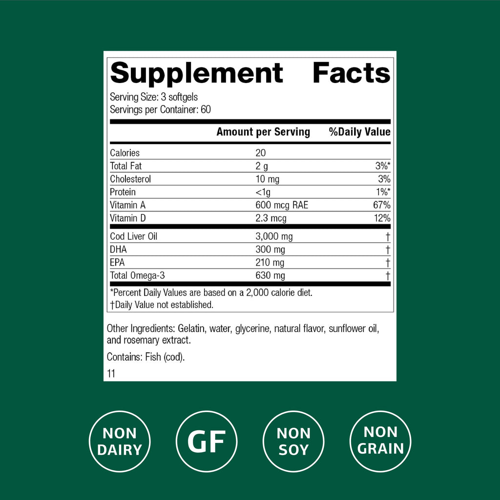 Standard Process Cod Liver Oil – Omega-3, Vitamins A & D for Skin, Eyes & Bone Health