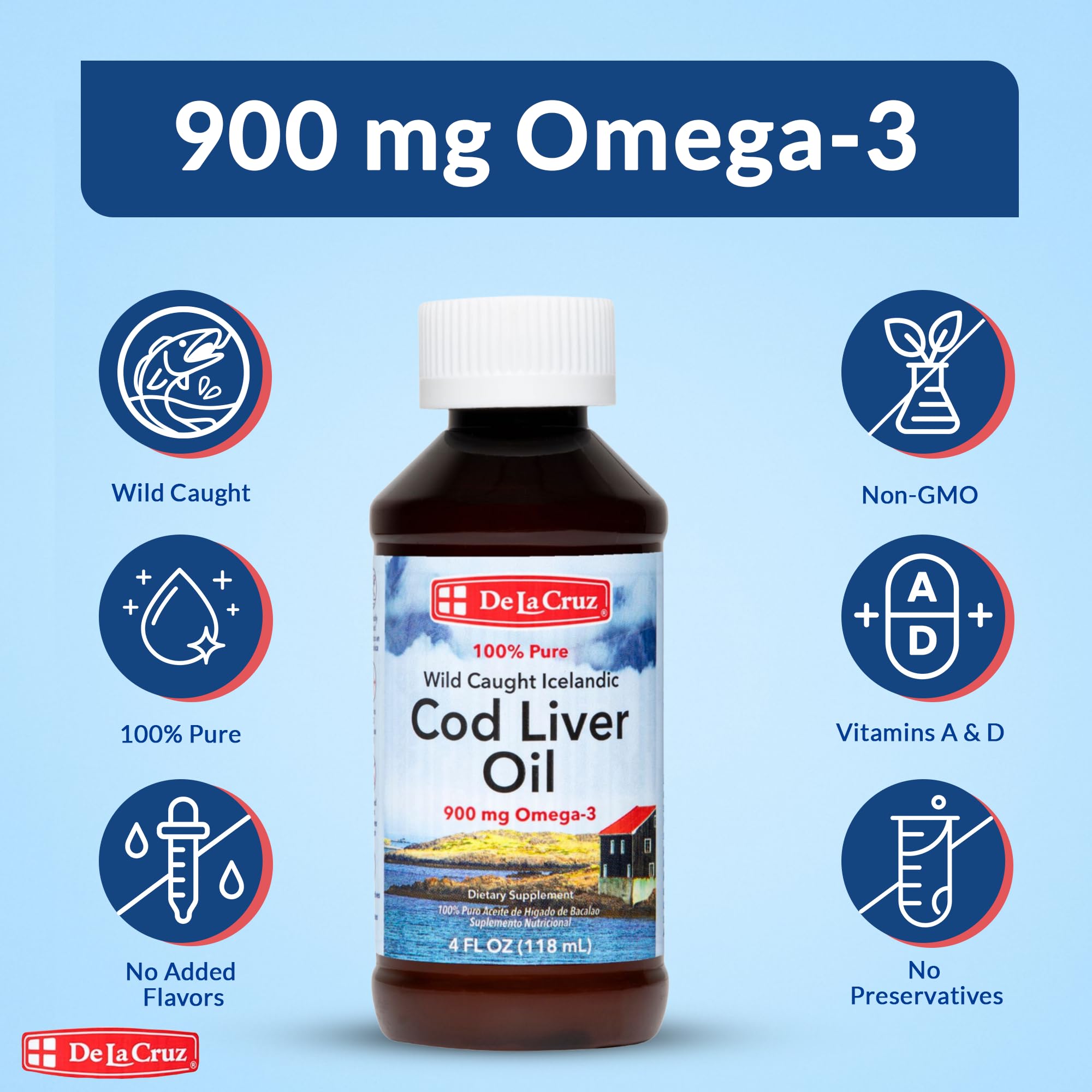 De La Cruz Cod Liver Oil Liquid – Pure Wild-Caught Icelandic Fish Oil 4 FL OZ (118 mL)