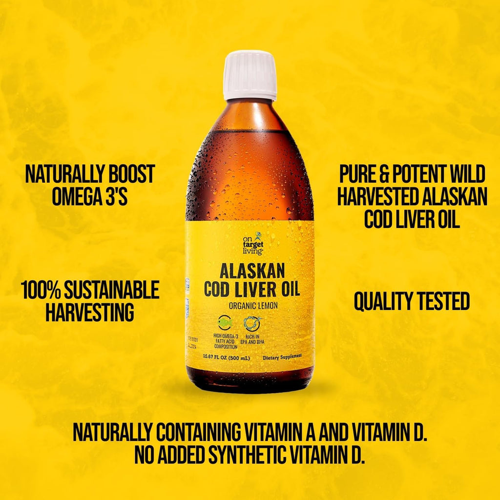 On Target Living Alaskan Cod Liver Oil – Organic Lemon 16.67 oz | Line Caught USA | Vitamin D | Omega-3 DHA/EPA | Non-GMO