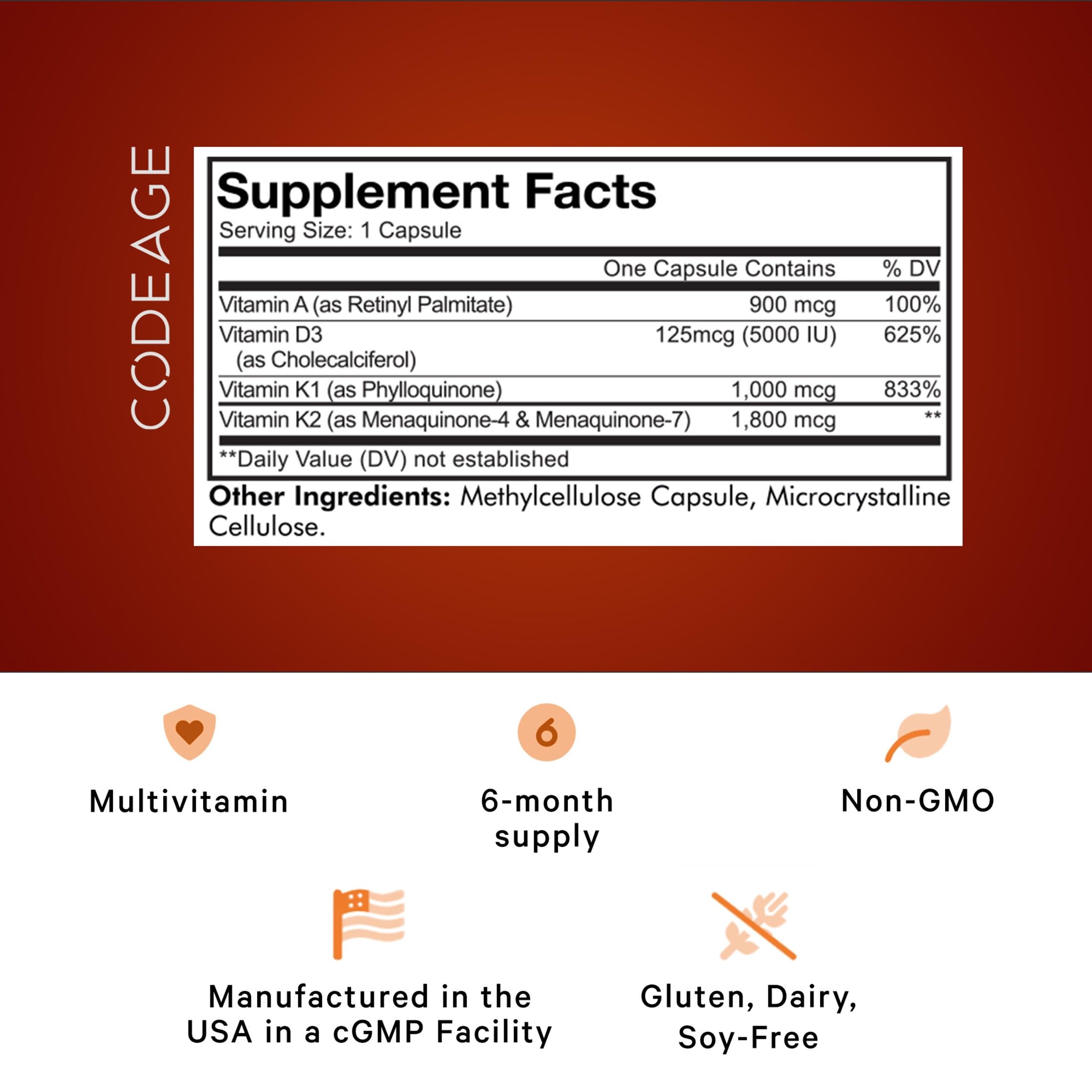 Codeage ADK Vitamins+ | Essential A, D3 5000 IU, K1 & K2 (MK4 & MK7) - 6-Month Supply | 180 Capsules | Non-GMO, Gluten-Free