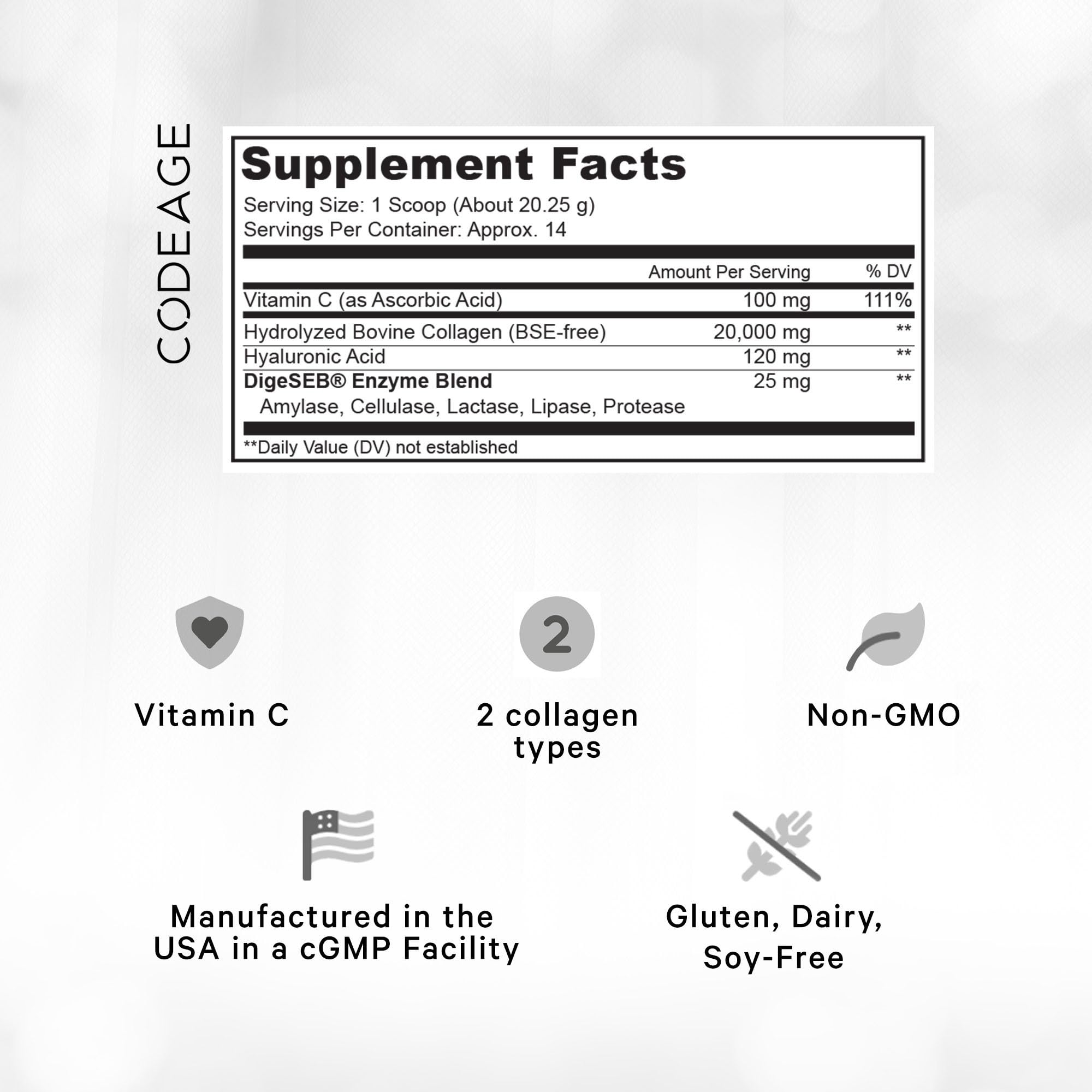 Codeage Collagen Peptides Powder + Vitamin C – Grass-Fed, Unflavored, 20g per Serving, 9.98 oz