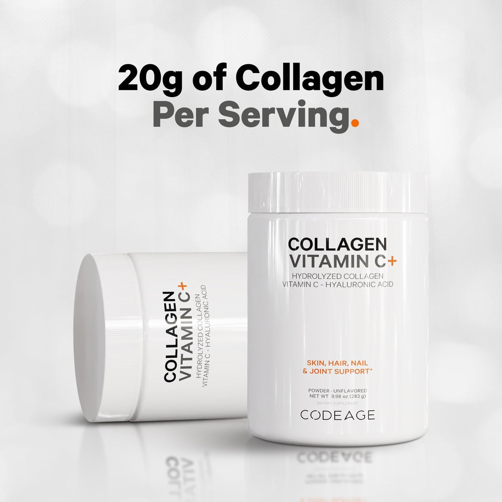 Codeage Collagen Peptides Powder + Vitamin C – Grass-Fed, Unflavored, 20g per Serving, 9.98 oz