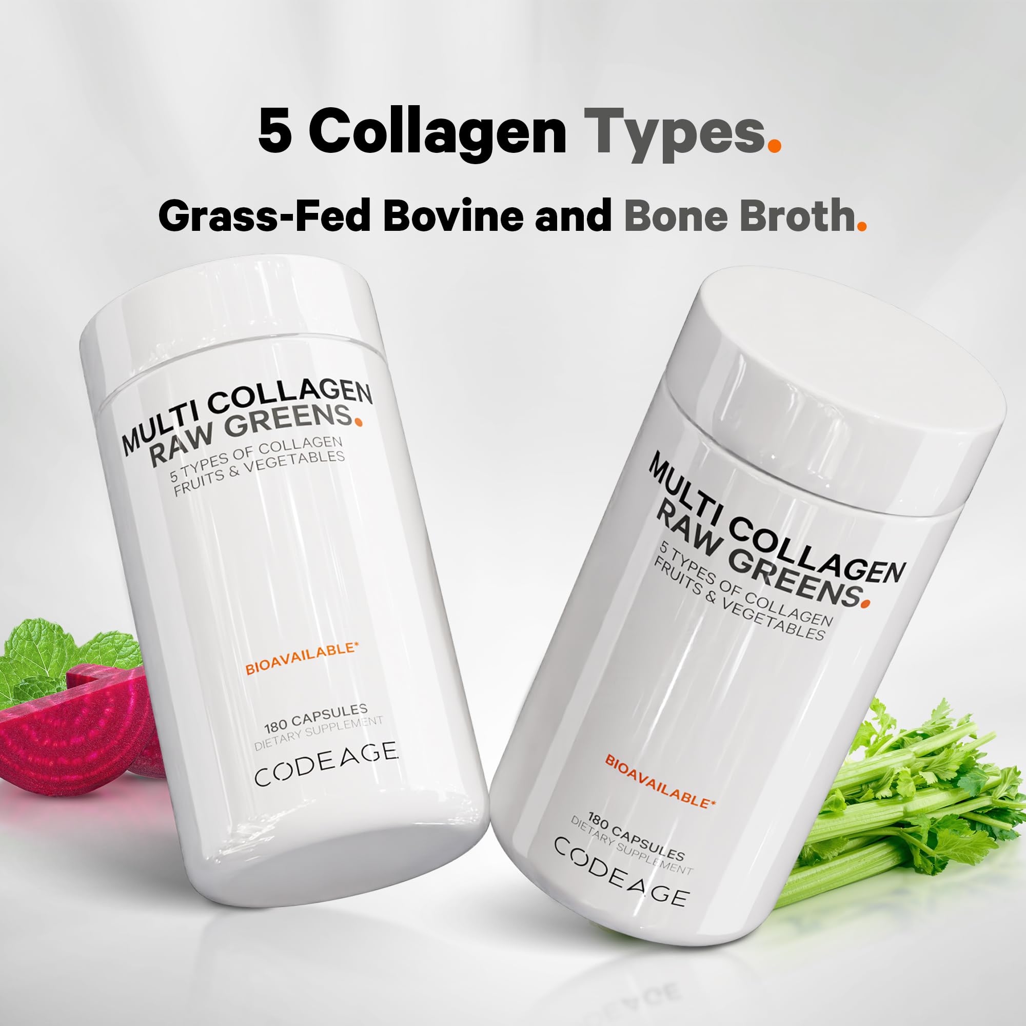 Codeage Multi Collagen Protein + Organic Raw Greens Capsules – 5 Types, 21 Fruits & Veggies, Grass-Fed Hydrolyzed Collagen, 180 Count