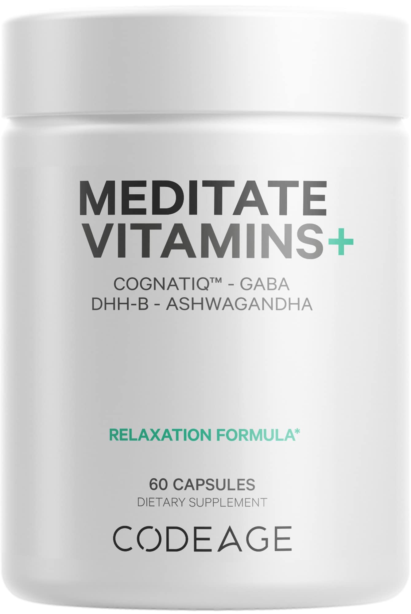 Codeage Meditate Vitamins+ Supplement – CognatiQ, DHH-B, GABA, Ashwagandha | BDNF Support | Vegan, Non-GMO, Gluten-Free – 60 Capsules