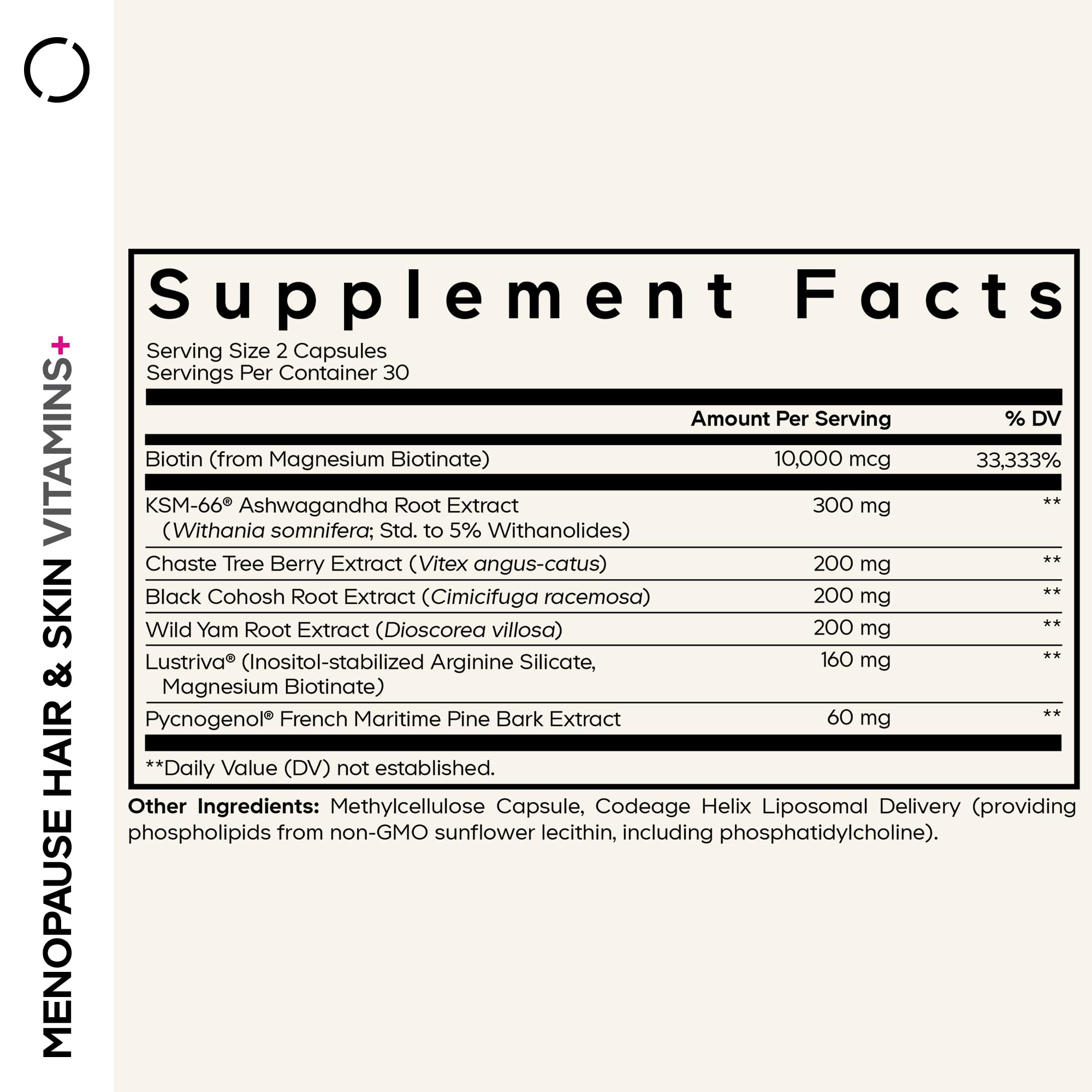 Codeage Menopause Hair & Skin Vitamins+ - Lustriva, Pycnogenol & KSM-66