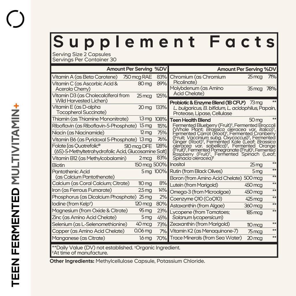 Codeage Teen Multivitamin Supplement - Organic Whole Food Teen Vitamins (A to K) with Omega-3 - 60 Capsules