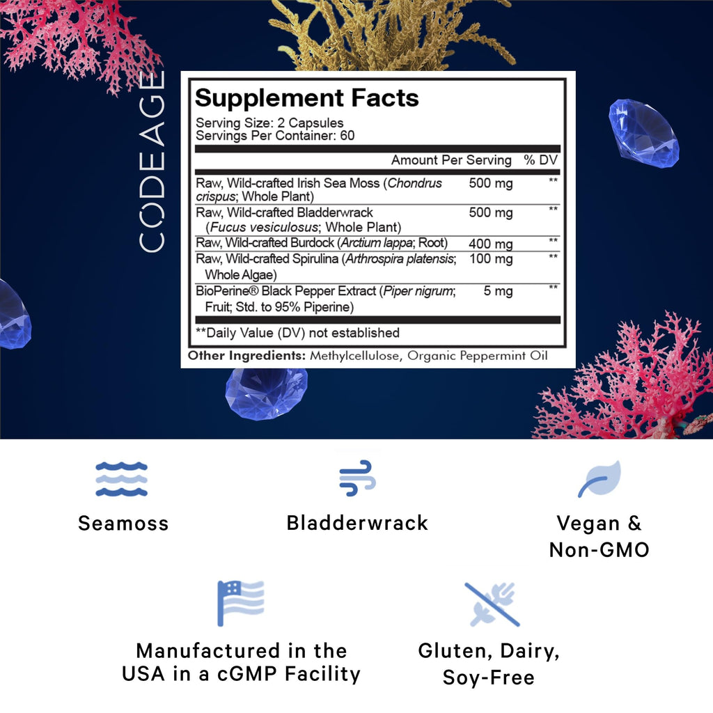 Codeage Raw Wildcrafted Irish Sea Moss + Spirulina, Bladderwrack, Burdock – 120 Capsules