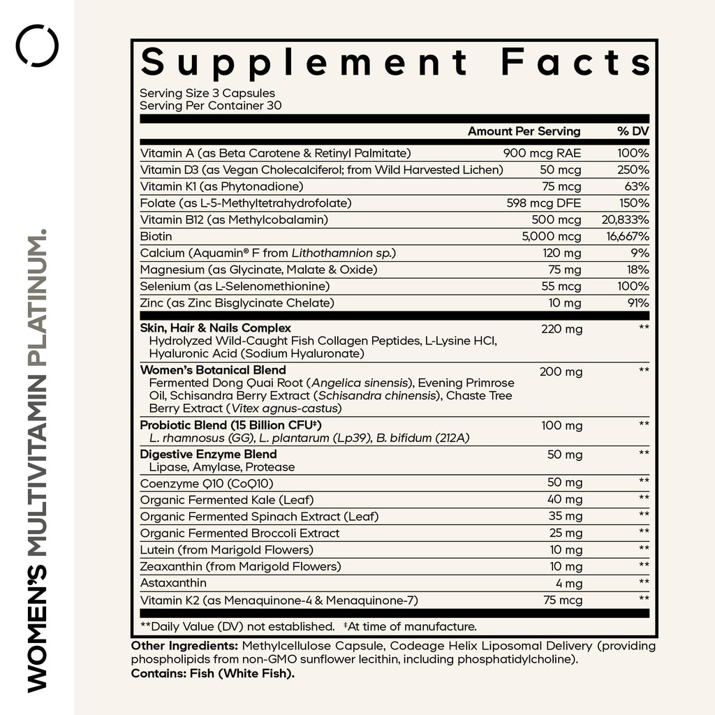 Codeage Women’s Multivitamin Platinum – A, D3, K1, K2, B12, CoQ10, Collagen, Probiotics • 90 Capsules