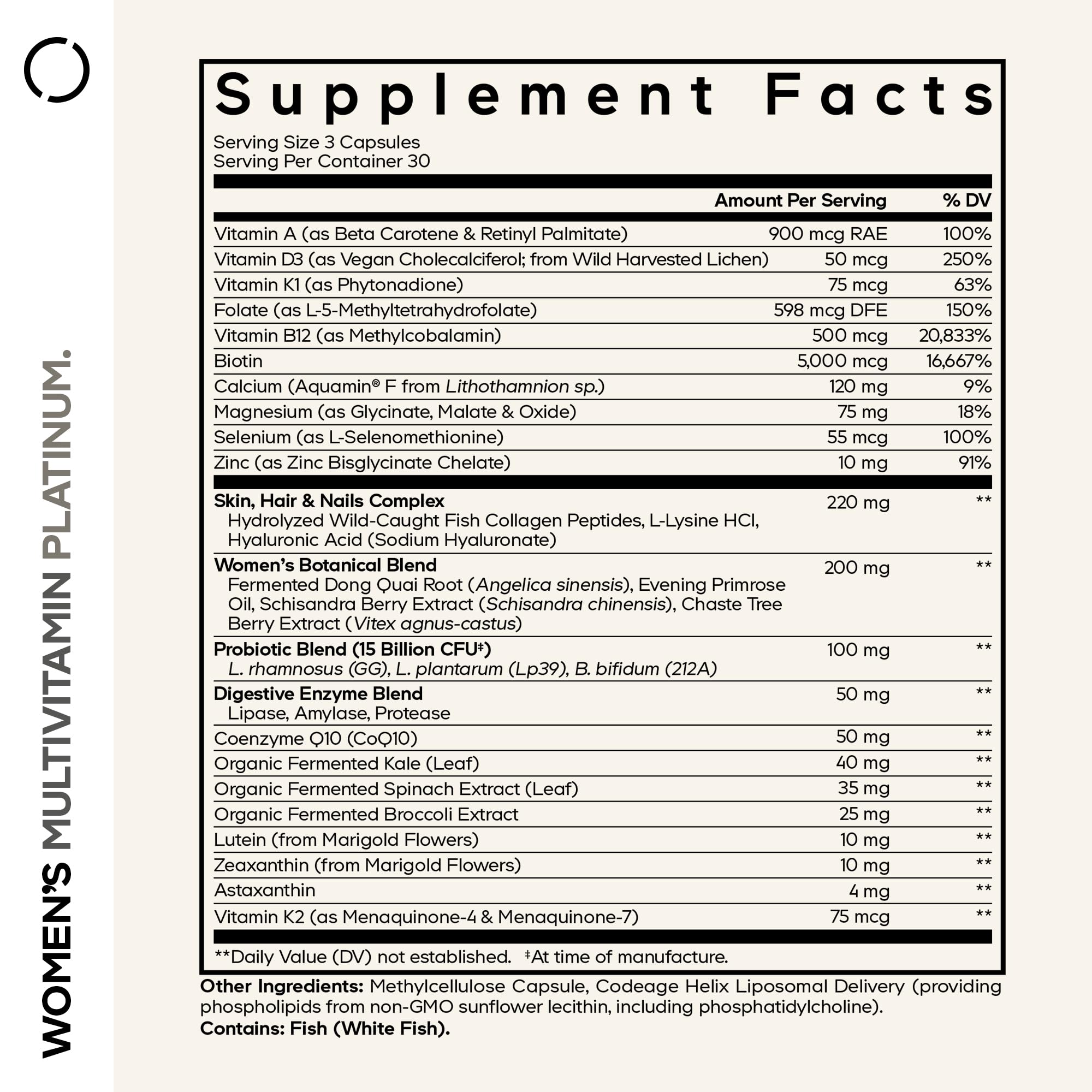 Codeage Women’s Multivitamin Platinum – A, D3, K1, K2, B12, CoQ10, Collagen, Probiotics • 90 Capsules