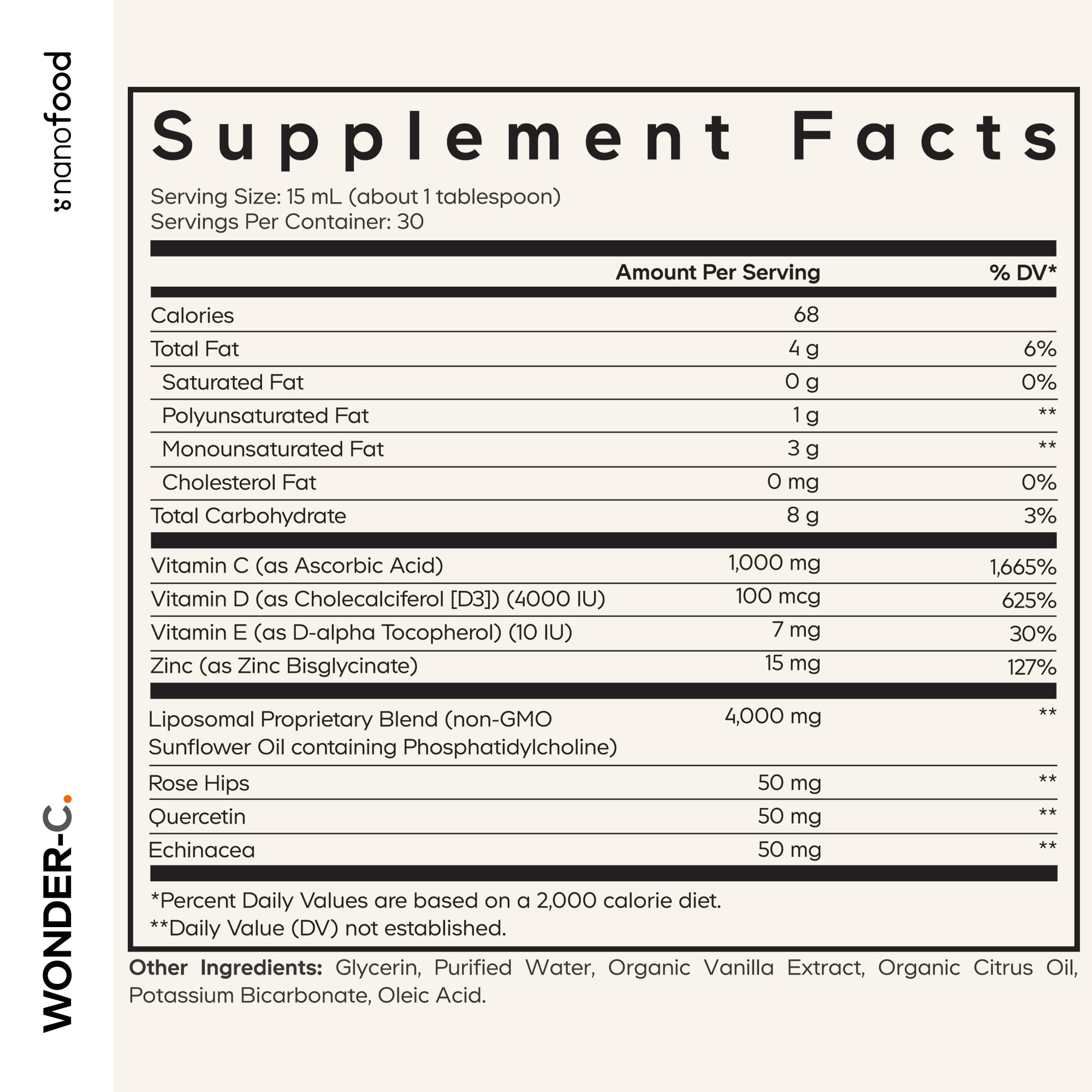 Codeage Nanofood Wonder-C Liposomal Vitamin C 1000mg – D3, E & Zinc | Rose Hips, Quercetin, Echinacea | Non-GMO, 15.22 fl oz