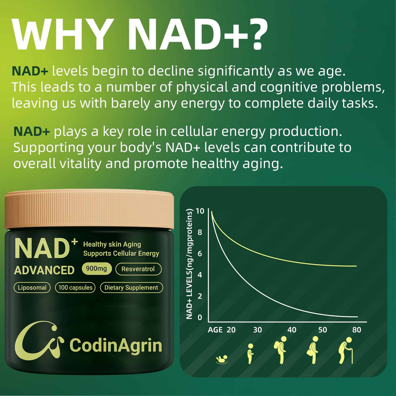 CodinAgrin NAD+ Supplement with Resveratrol 900mg | Cellular Energy, Anti-Aging & Mental Clarity | Non-GMO, Vegetarian | 100 Capsules