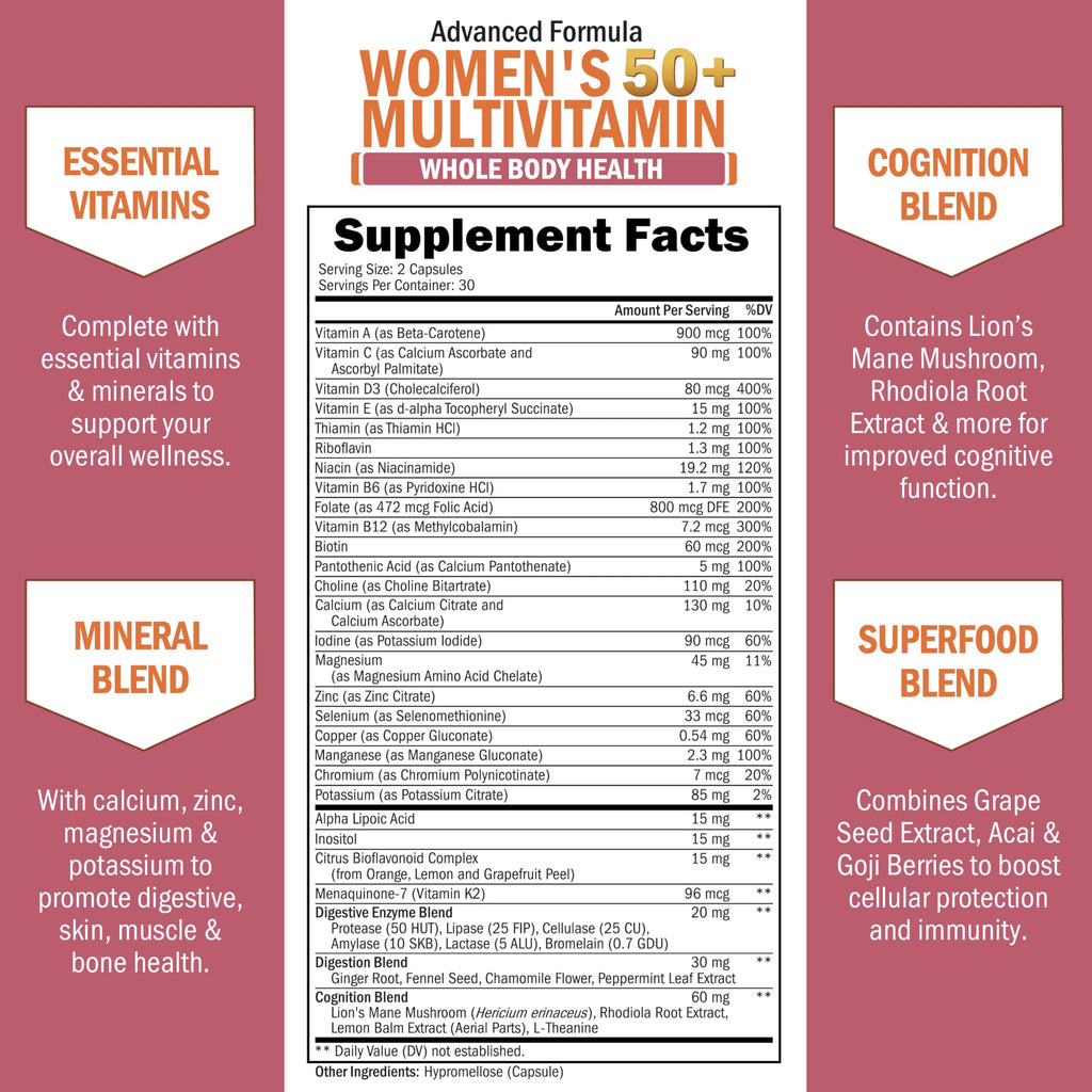 Daily Multivitamin for Women 50+ – Memory Support & Immune Health | 60 Capsules