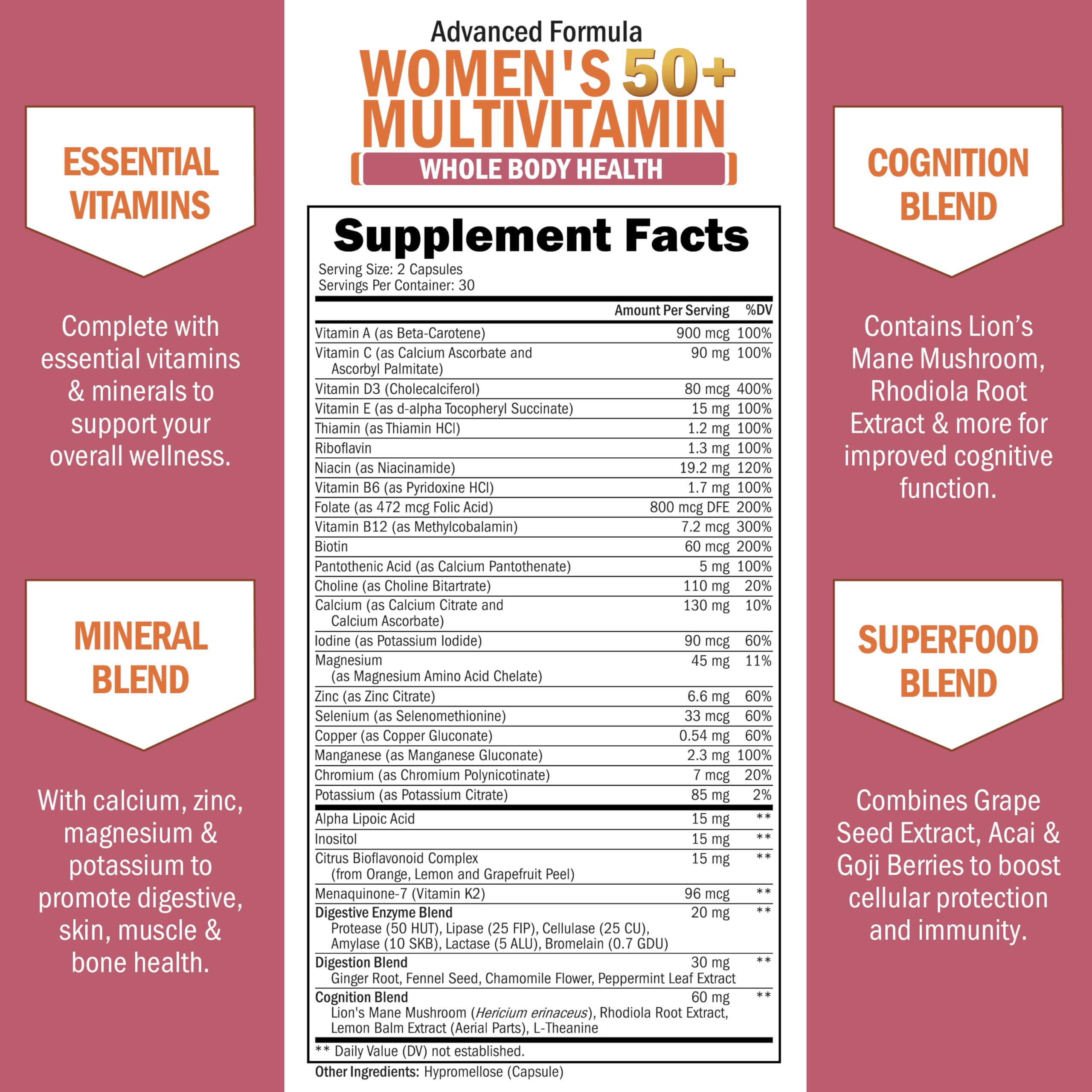 Daily Multivitamin for Women 50+ – Memory Support & Immune Health | 60 Capsules