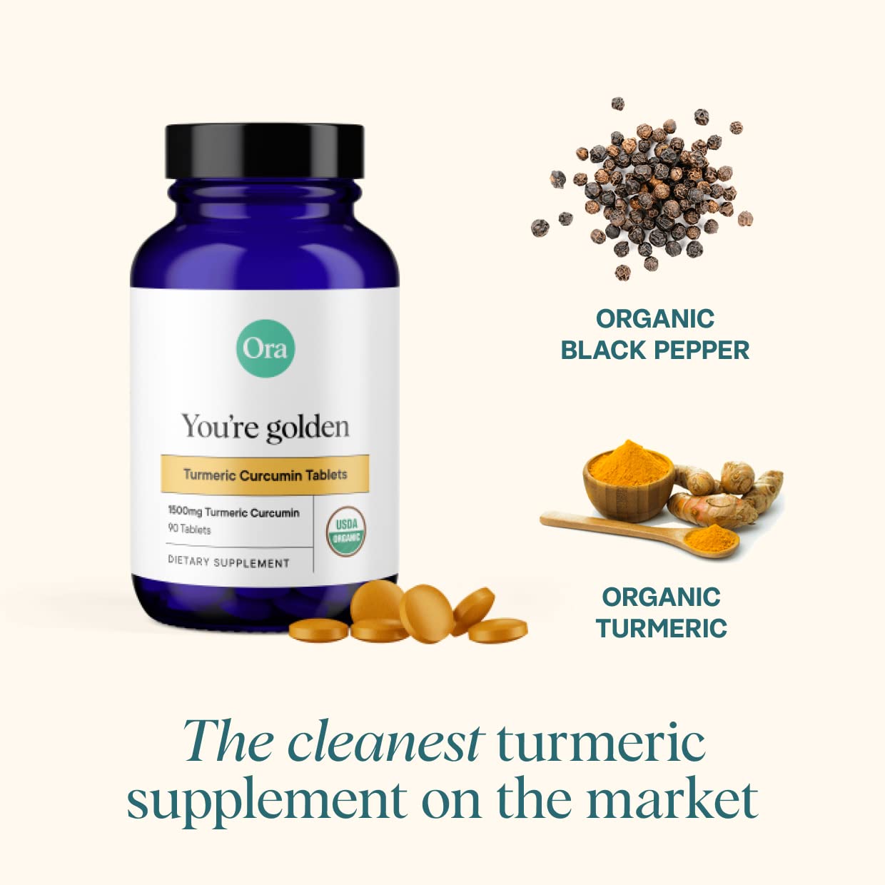 Ora Organic Turmeric Curcumin with Piperine – 90 Vegan Tablets | Joint & Heart Health