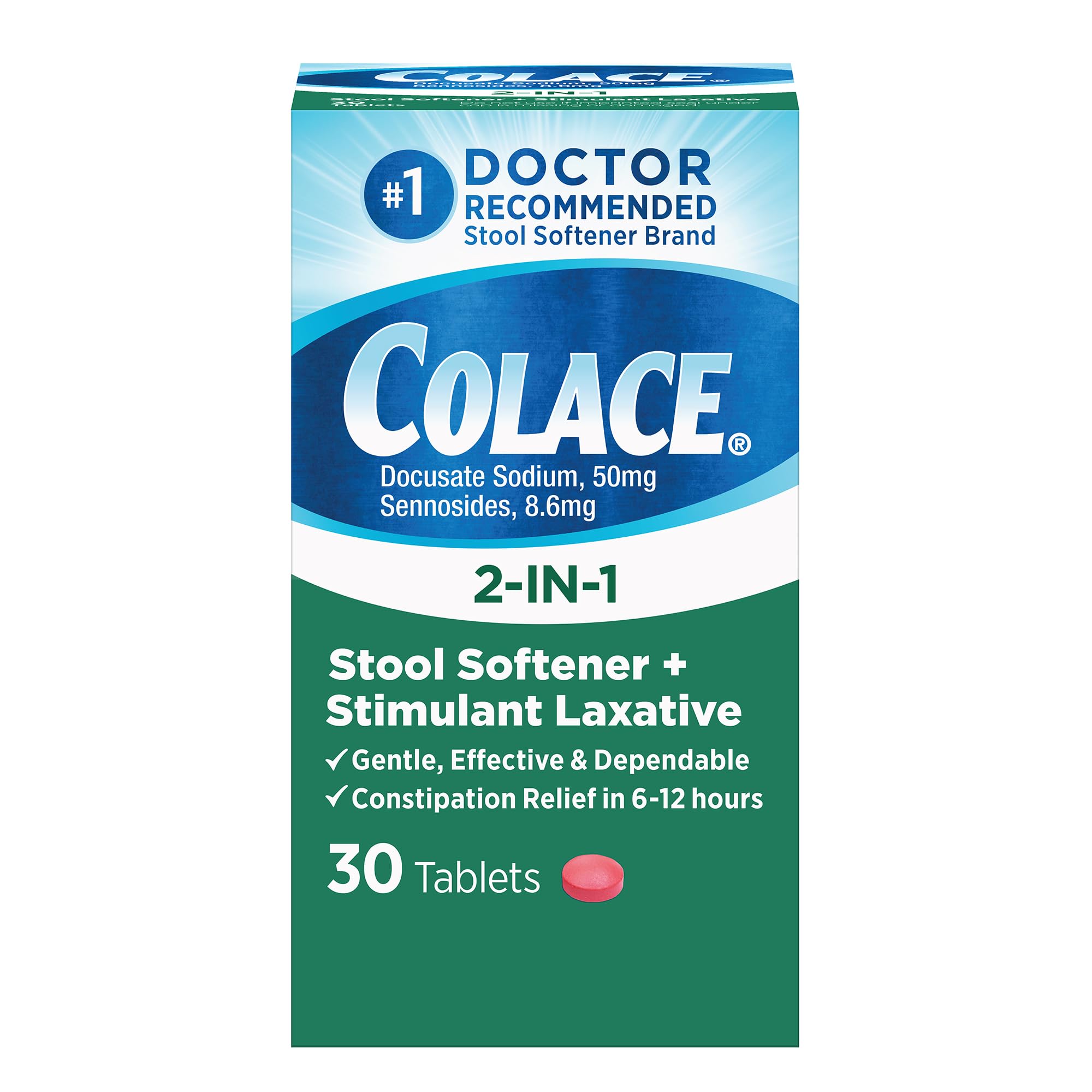 Colace 2-In-1 Stool Softener & Stimulant Laxative Tablets – Gentle Relief in 6-12 Hours (30 Count)