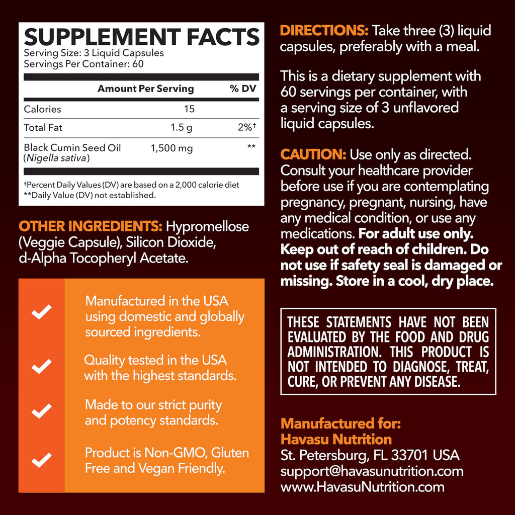 Cold Pressed Black Seed Oil Capsules 1500mg – Immune & Digestive Support, Hair & Skin | 2-Month Unflavored Supply