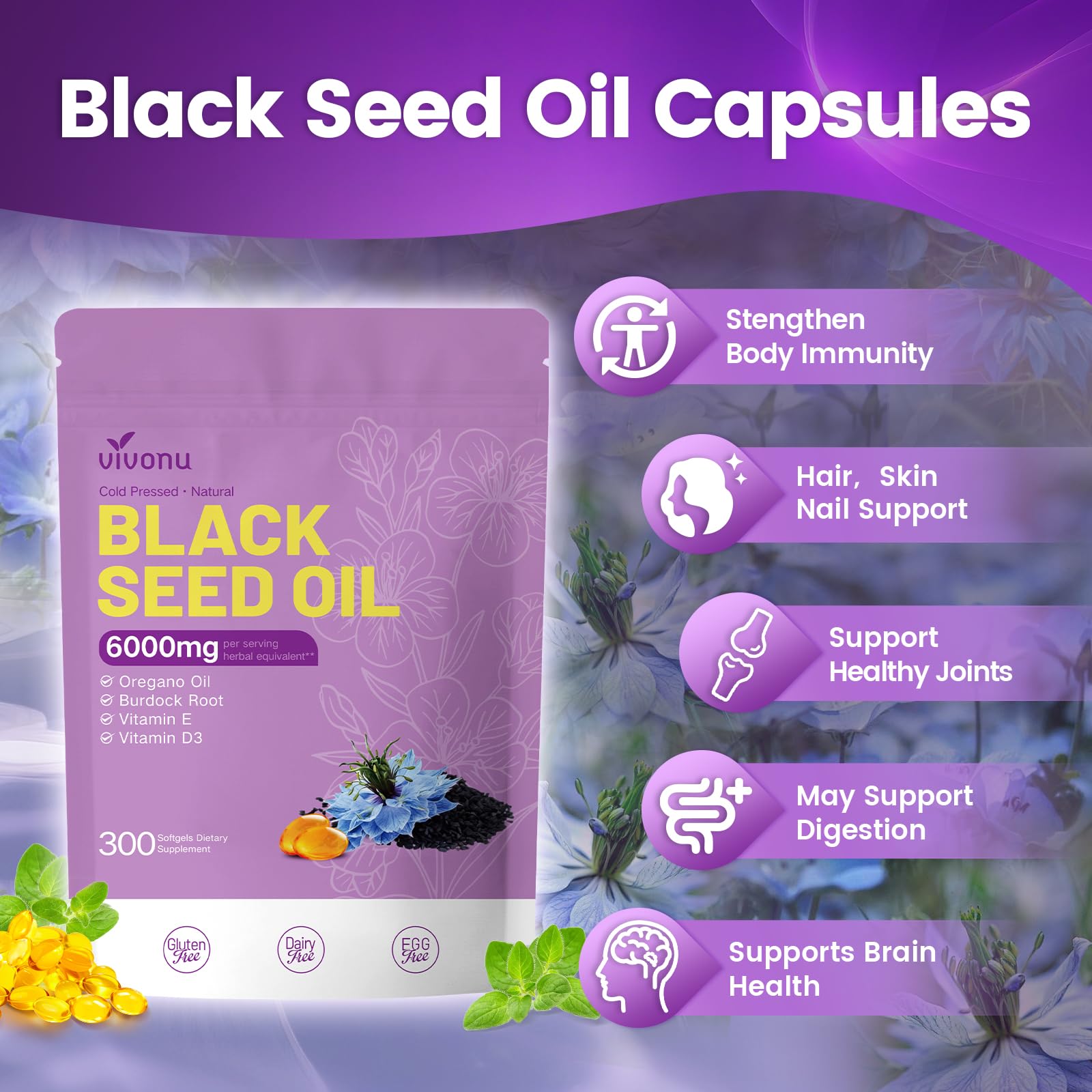 VivoNu Black Seed Oil Capsules – 6000mg, 300 Count | 9-in-1 Immune Support