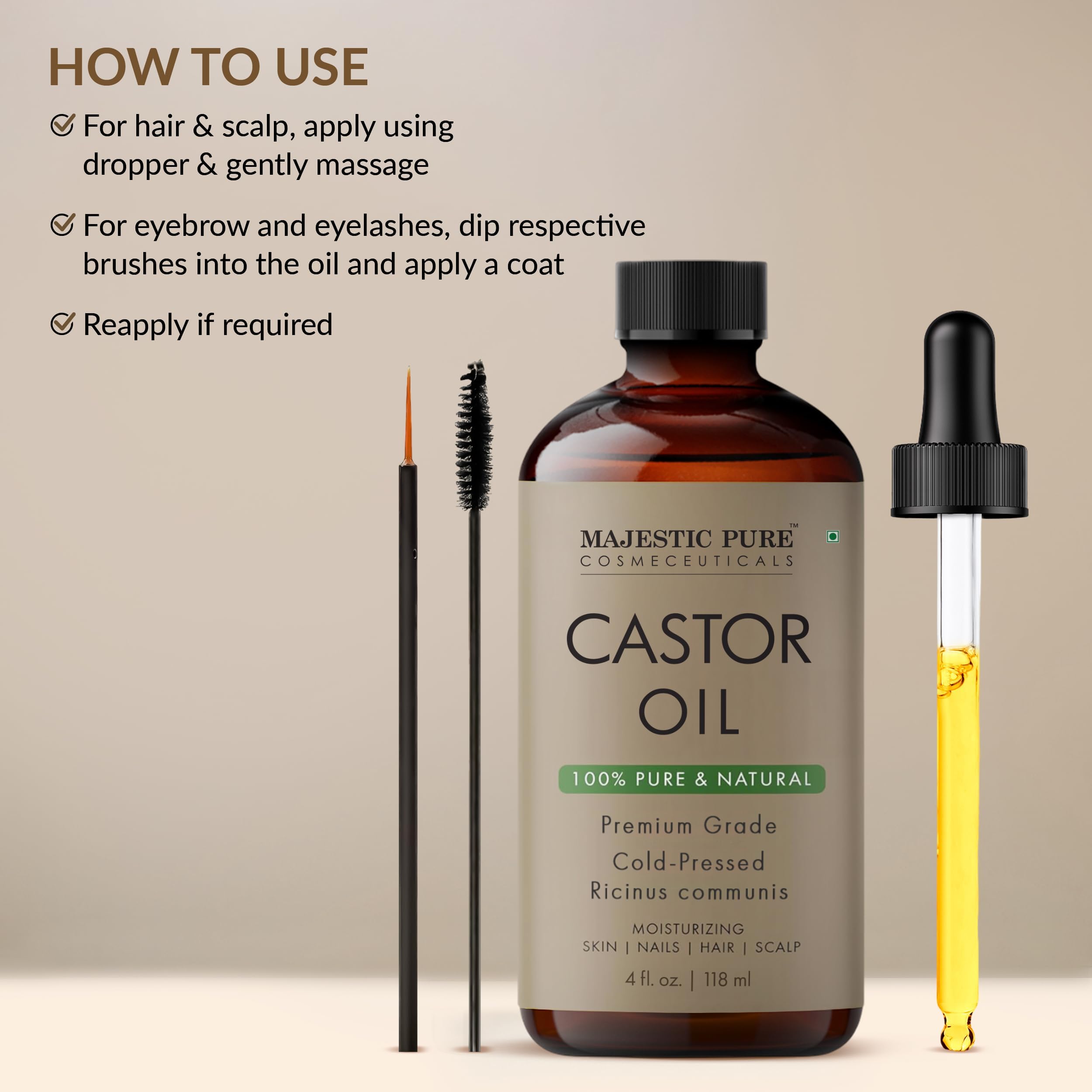 Majestic Pure USDA Organic Castor Oil - 4 Fl Oz | 100% Pure & Natural, Cold-Pressed, Hexane Free
