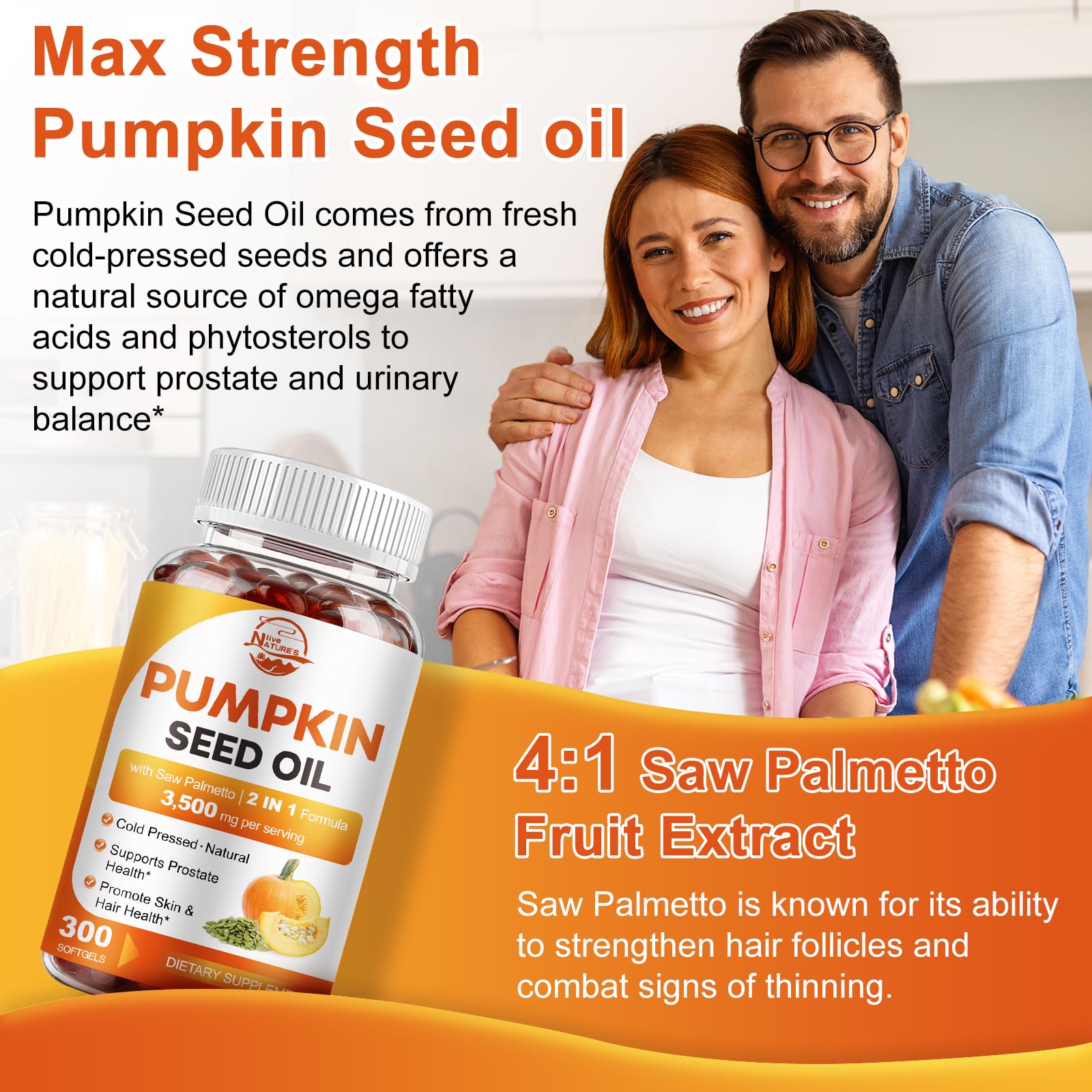 Pumpkin Seed Oil with Saw Palmetto 3500mg Softgels, 300ct, Cold-Pressed