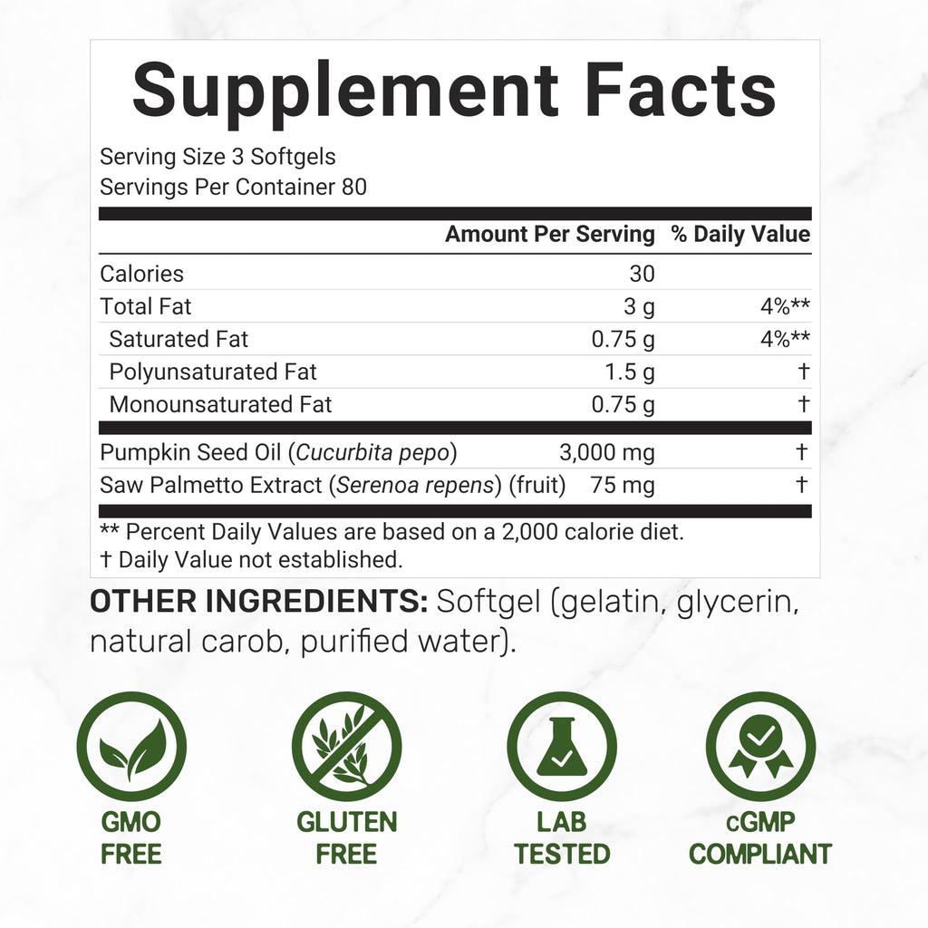 Pumpkin Seed Oil 3,000mg w Saw Palmetto – 240 Softgels | Prostate & Hair Support