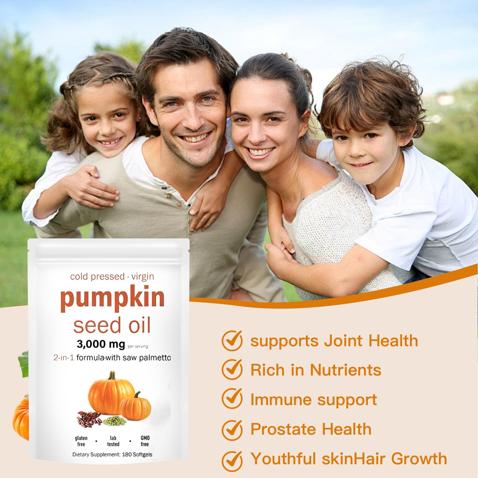 Pumpkin Seed Oil 2-in-1 with Saw Palmetto – 180 Softgels (3000mg per serving) – Prostate, Urinary & Hair Health | Non-GMO