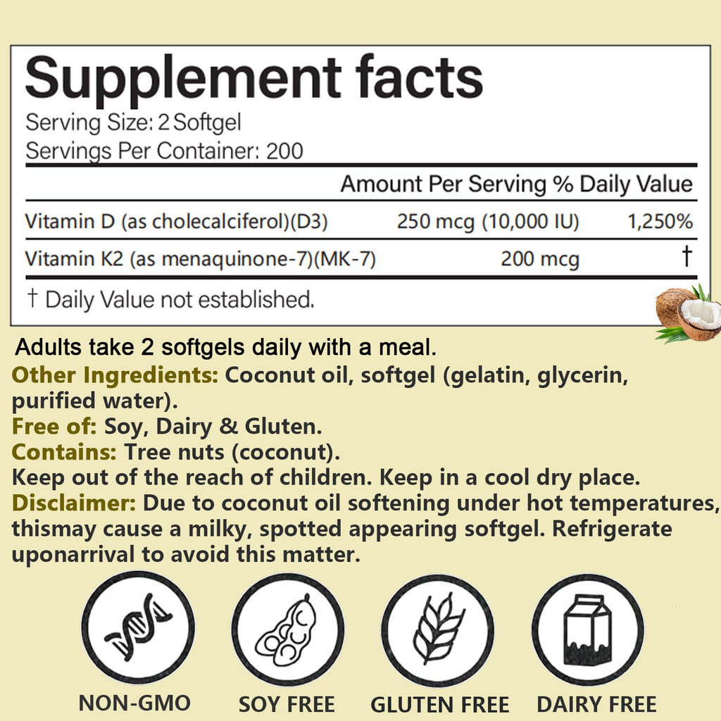COLEPSW RealGood D3 K2 10000 IU – Coconut Oil Softgels, MK-7, 200 Softgels