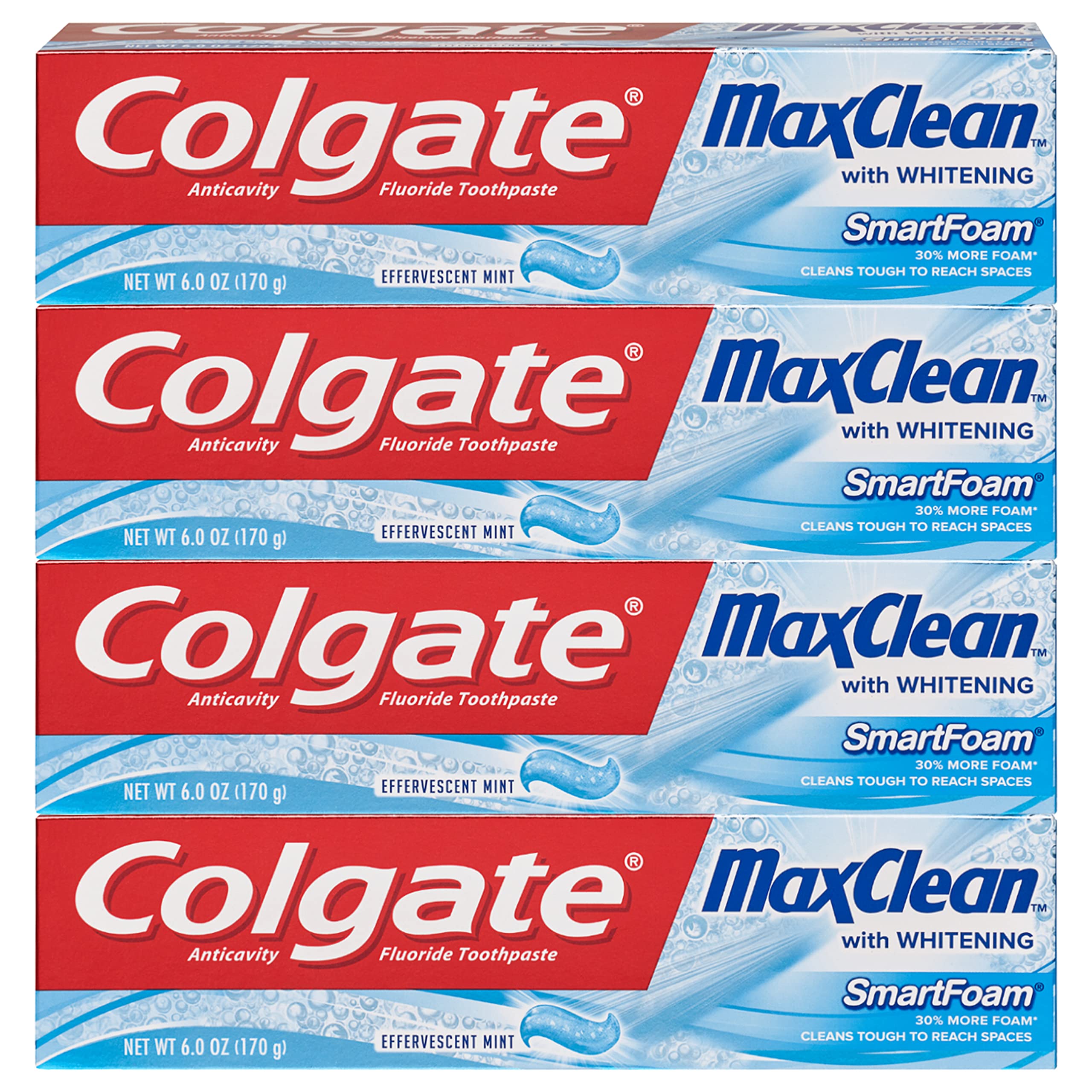 Colgate Max Clean Whitening Foaming Toothpaste – Fluoride, Mint, 6 oz, 4 Pack