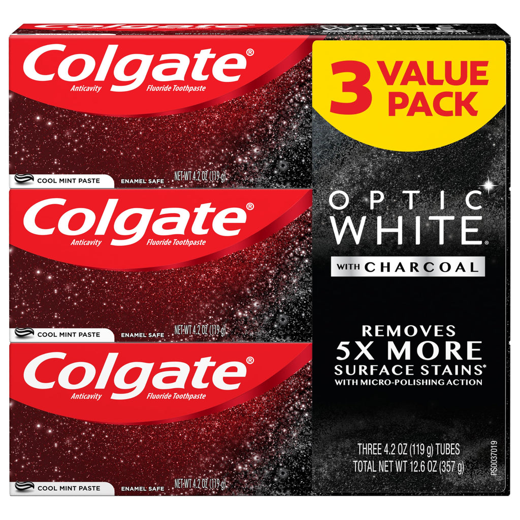Colgate Optic White Charcoal Toothpaste, 3 Pack, Cool Mint - Enamel-Safe