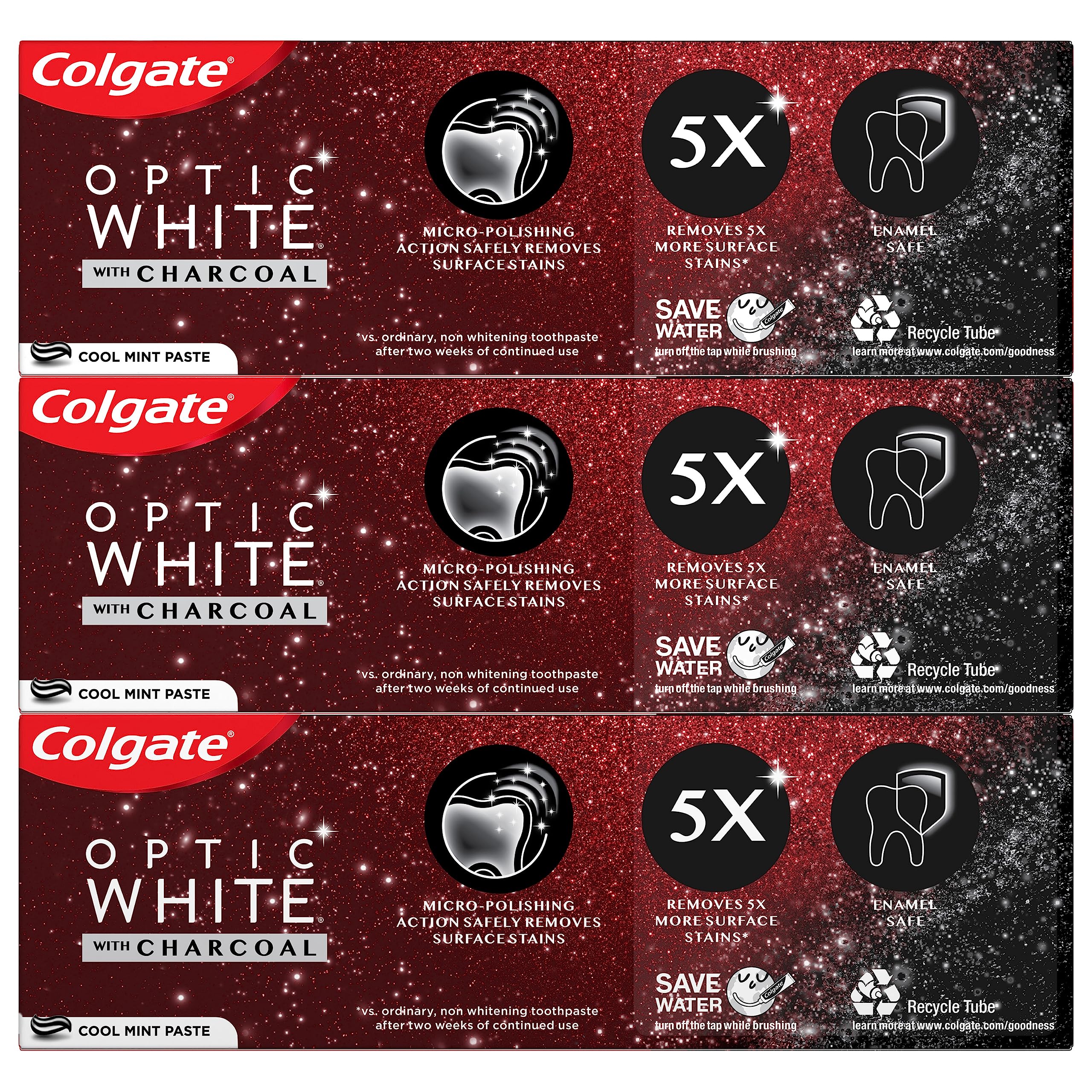 Colgate Optic White Charcoal Toothpaste, 3 Pack, Cool Mint - Enamel-Safe