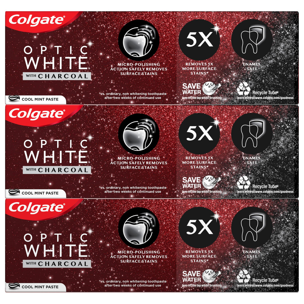 Colgate Optic White Charcoal Toothpaste, 3 Pack, Cool Mint - Enamel-Safe