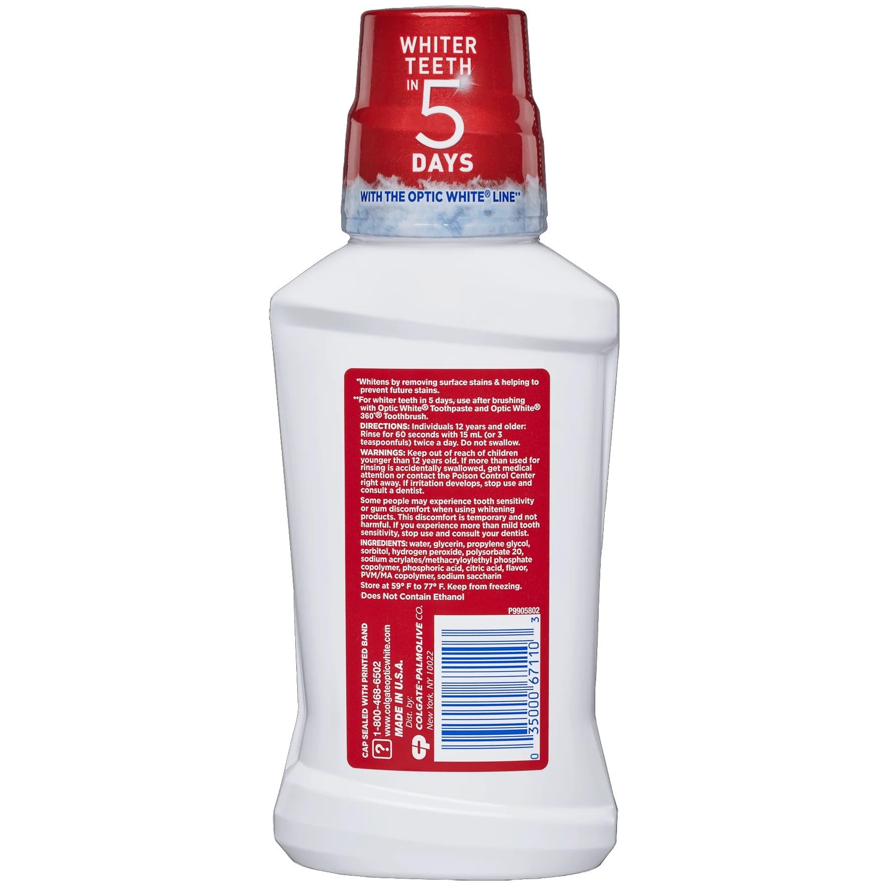 Colgate Optic White Mouthwash Icy Mint 8 fl oz – Pack of 6 | Whitening with 2% Hydrogen Peroxide, Alcohol-Free