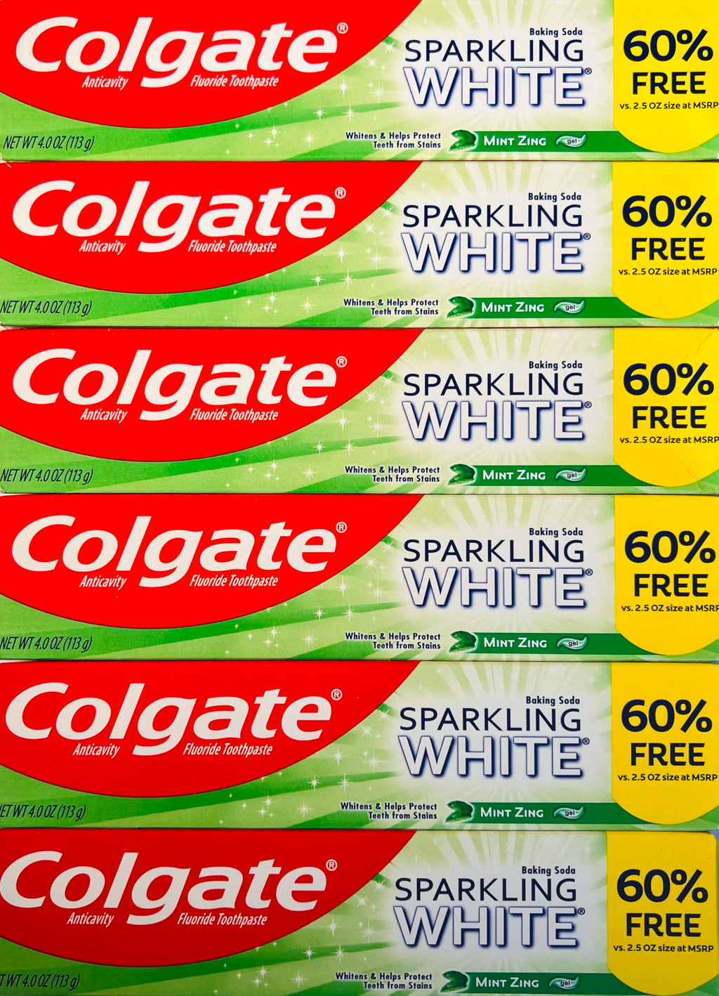 Colgate Sparkling White Whitening Toothpaste, Mint - 4 oz (6 Pack)
