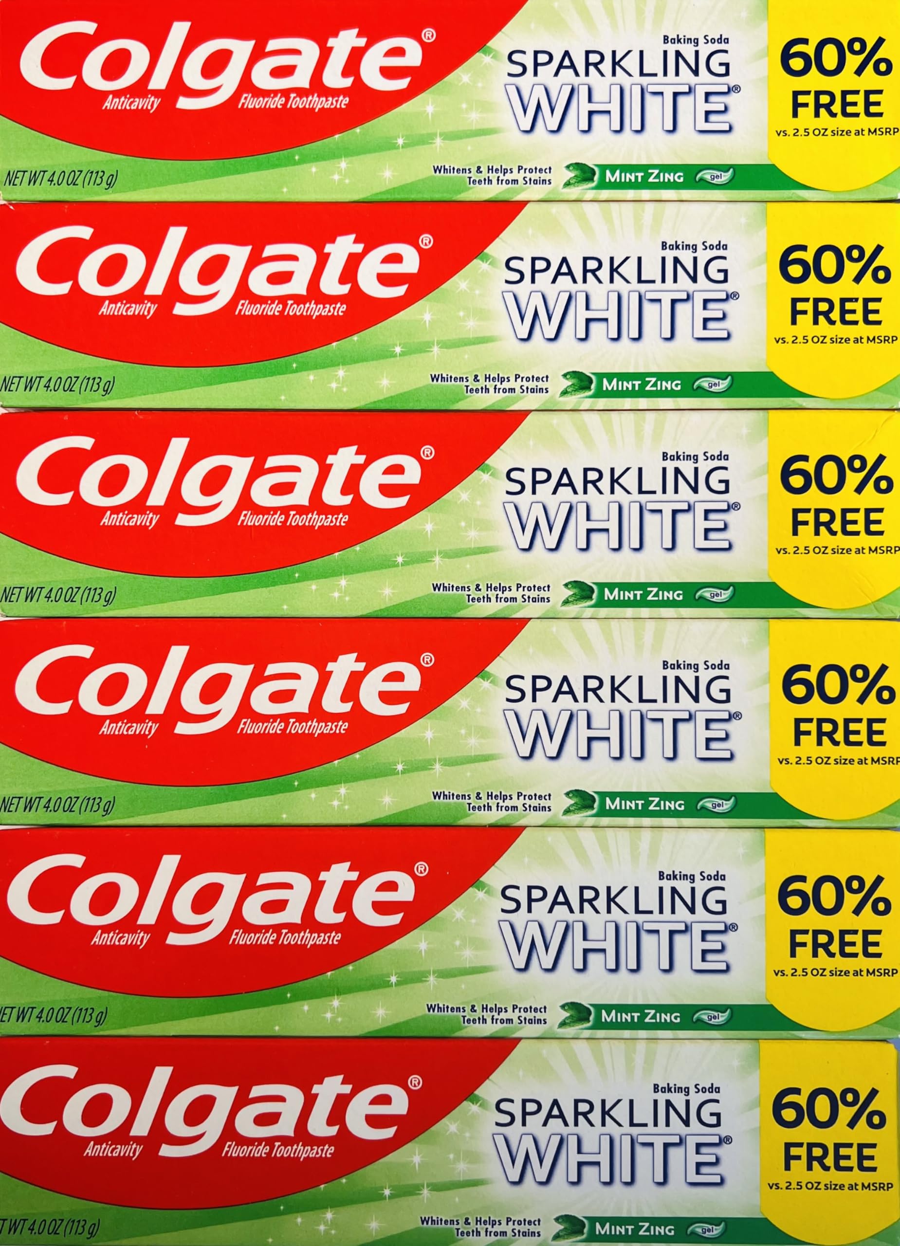 Colgate Sparkling White Whitening Toothpaste, Mint - 4 oz (6 Pack)