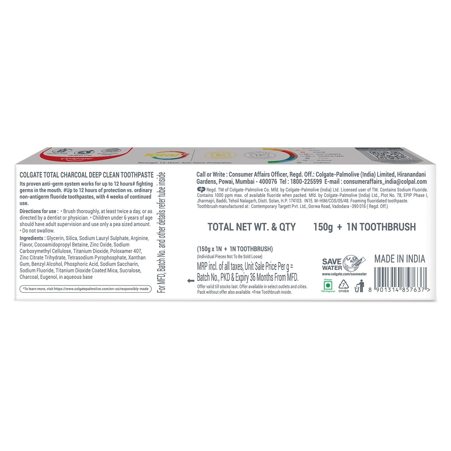 Colgate Total Charcoal Toothpaste Saver Pack – 2x150 g/5.2 oz – Anti-Cavity, Plaque Control + 2 Free Toothbrushes