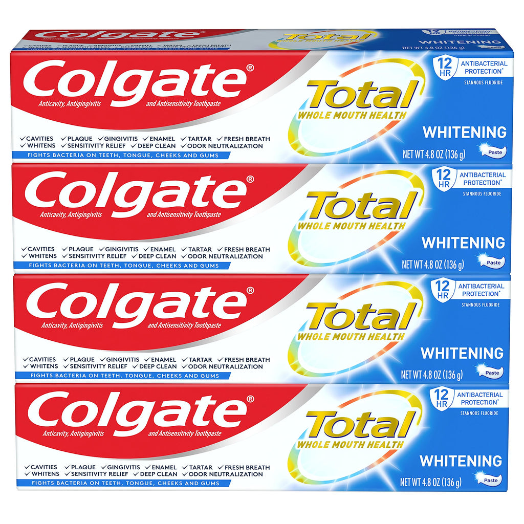 Colgate Total Teeth Whitening Toothpaste 4 Pack (4 x 4.8 oz) | 10 Benefits, Sensitivity Relief, Mint