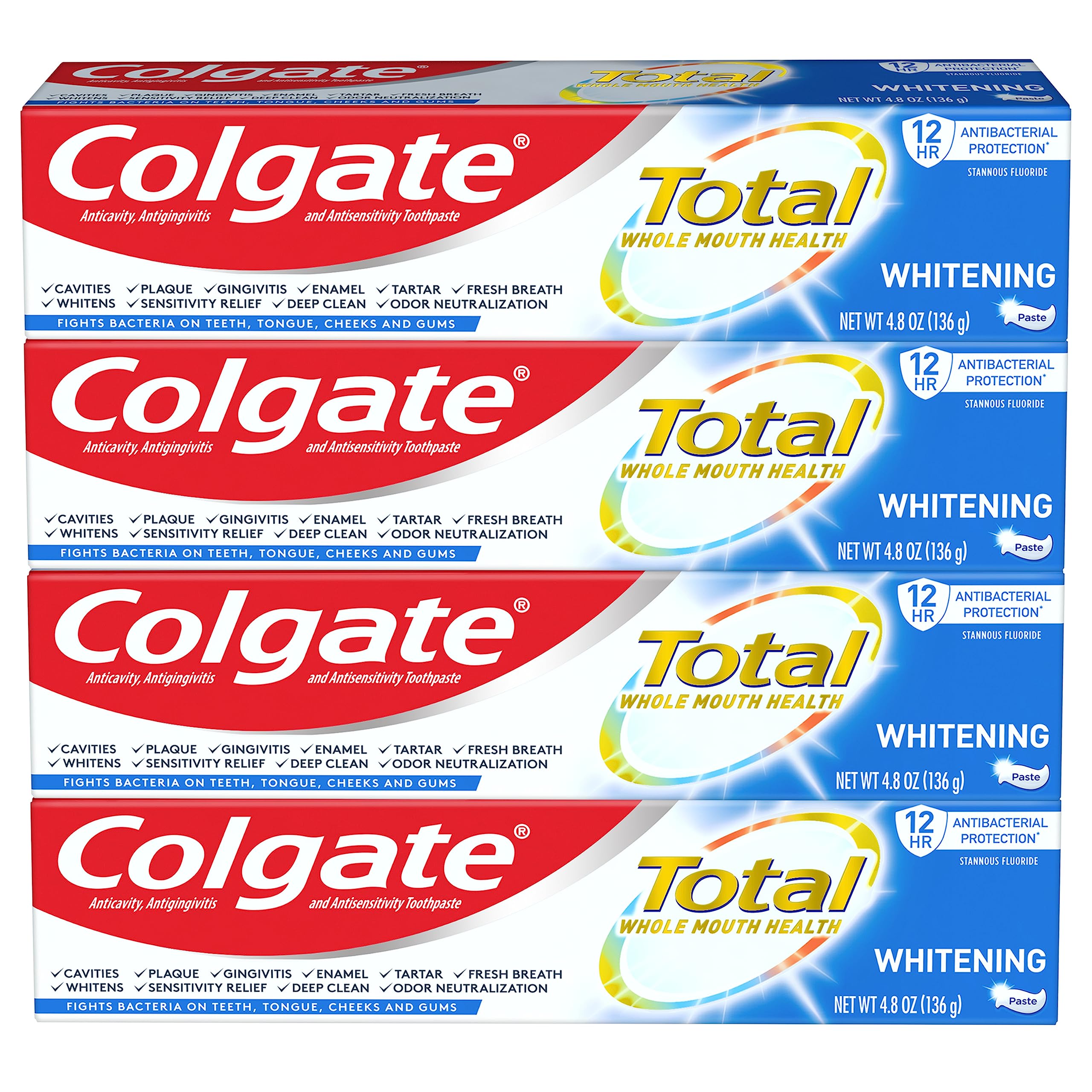 Colgate Total Teeth Whitening Toothpaste 4 Pack (4 x 4.8 oz) | 10 Benefits, Sensitivity Relief, Mint
