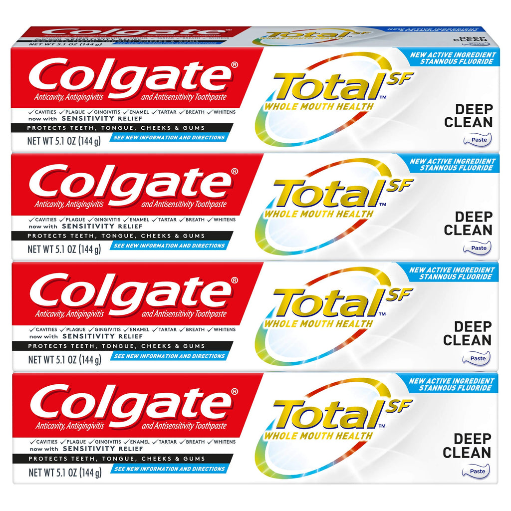 Colgate Total Toothpaste with Stannous Fluoride and Zinc – Deep Clean 5.1 oz (4 Pack) | Sensitivity Relief & Cavity Protection