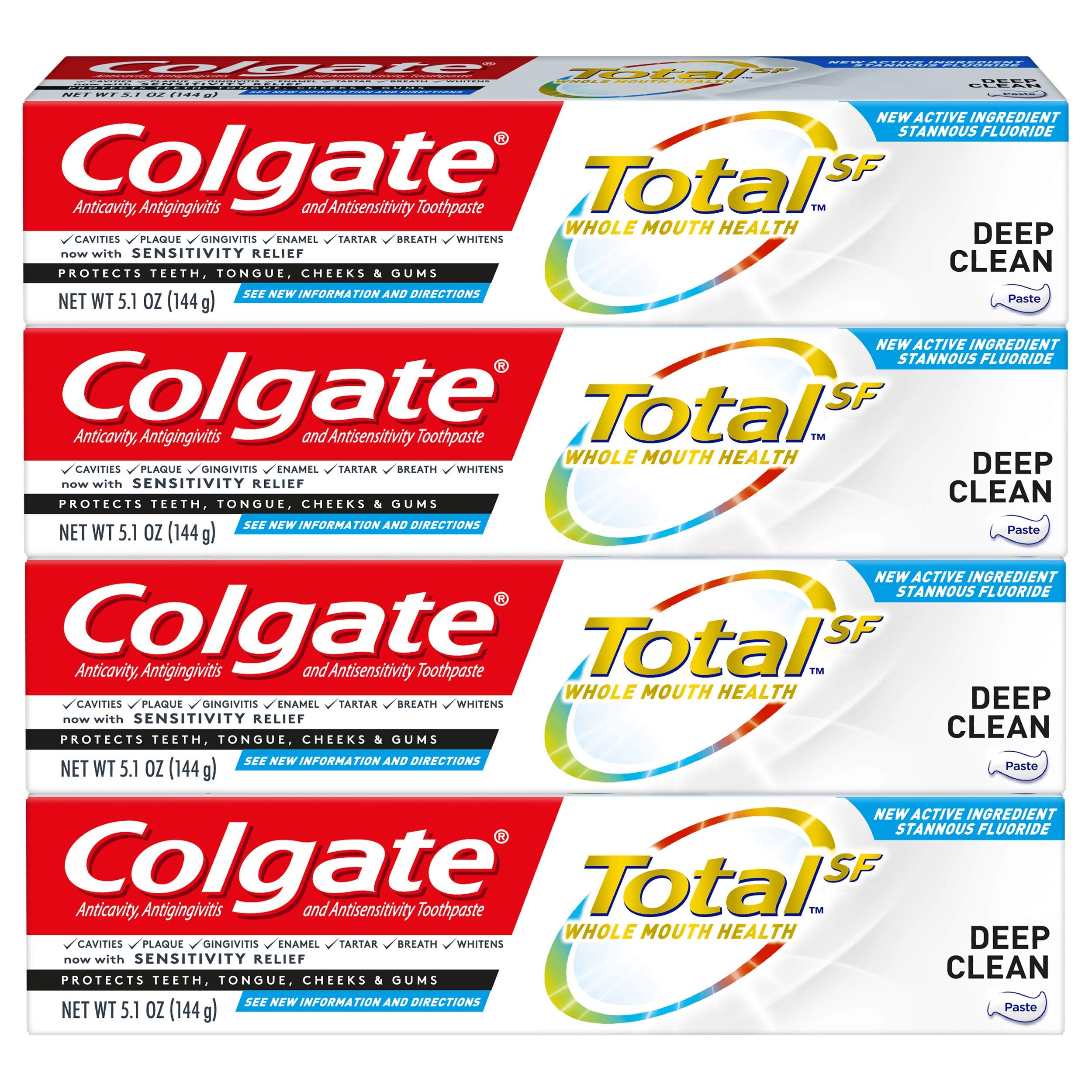 Colgate Total Toothpaste with Stannous Fluoride and Zinc – Deep Clean 5.1 oz (4 Pack) | Sensitivity Relief & Cavity Protection