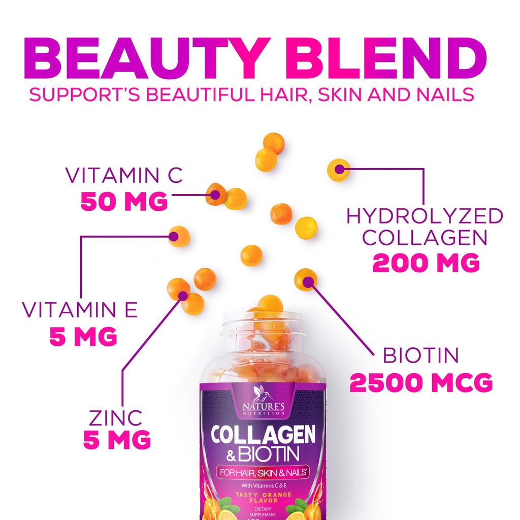 Collagen Gummies with 2500mcg Biotin, Vitamin C & Zinc – Hair, Skin & Nail Support (60 Count)