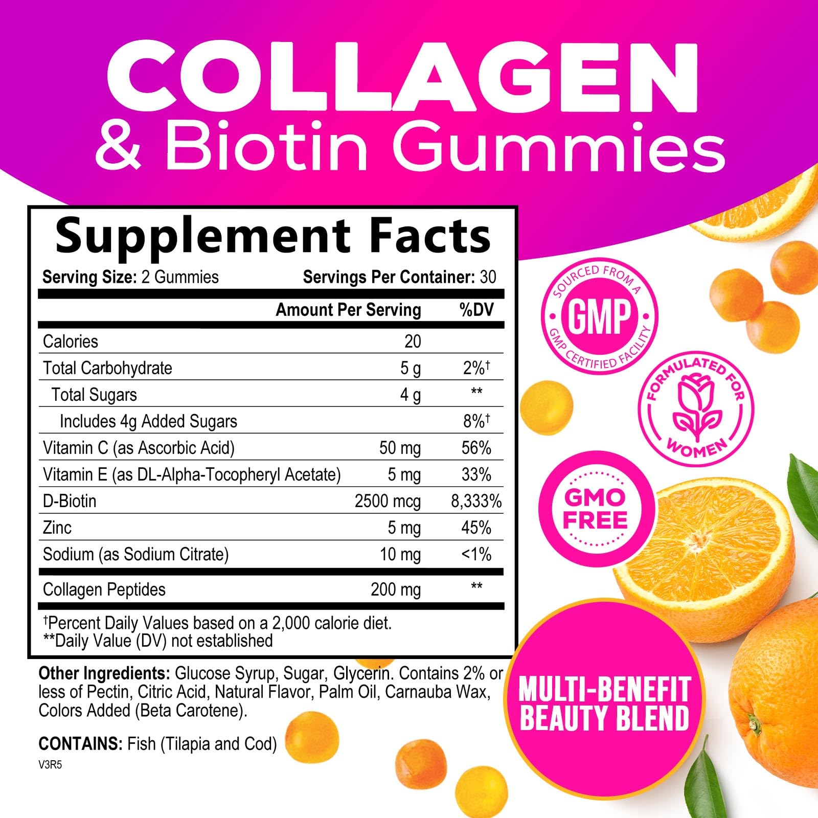 Collagen Gummies with 2500mcg Biotin, Vitamin C & Zinc – Hair, Skin & Nail Support (60 Count)