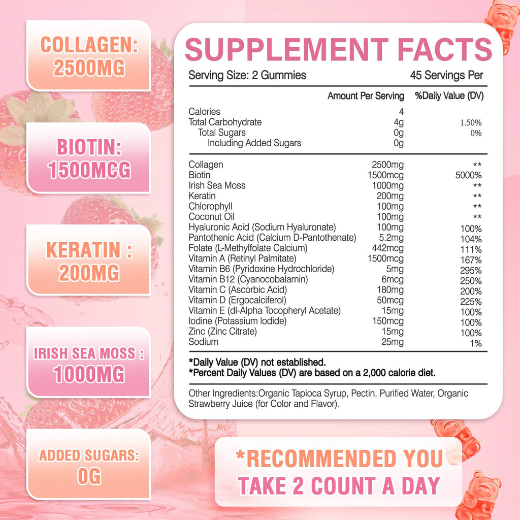 180 Count Collagen Gummies 2500mg – Biotin, Keratin, Hyaluronic Acid, Strawberry