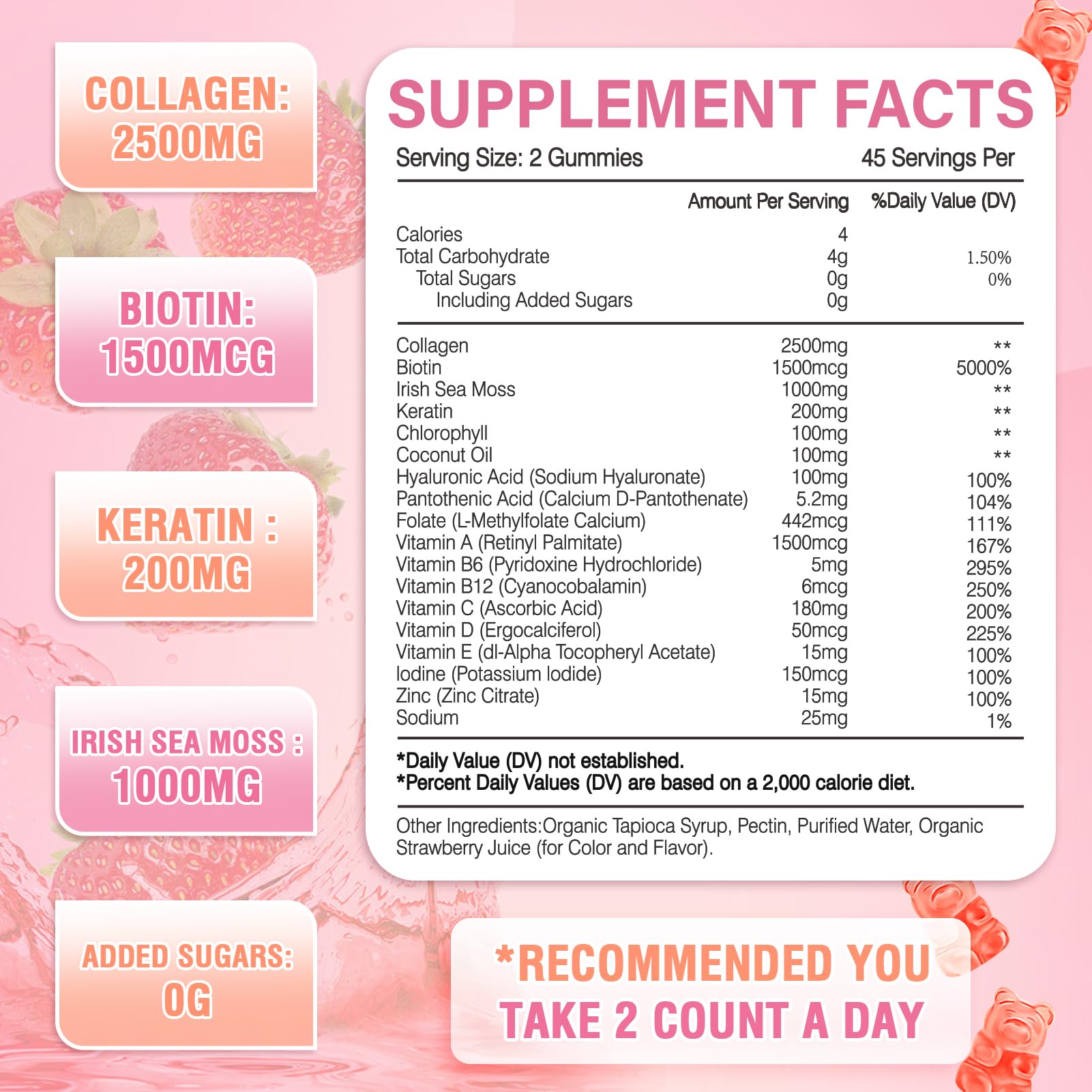180 Count Collagen Gummies 2500mg – Biotin, Keratin, Hyaluronic Acid, Strawberry