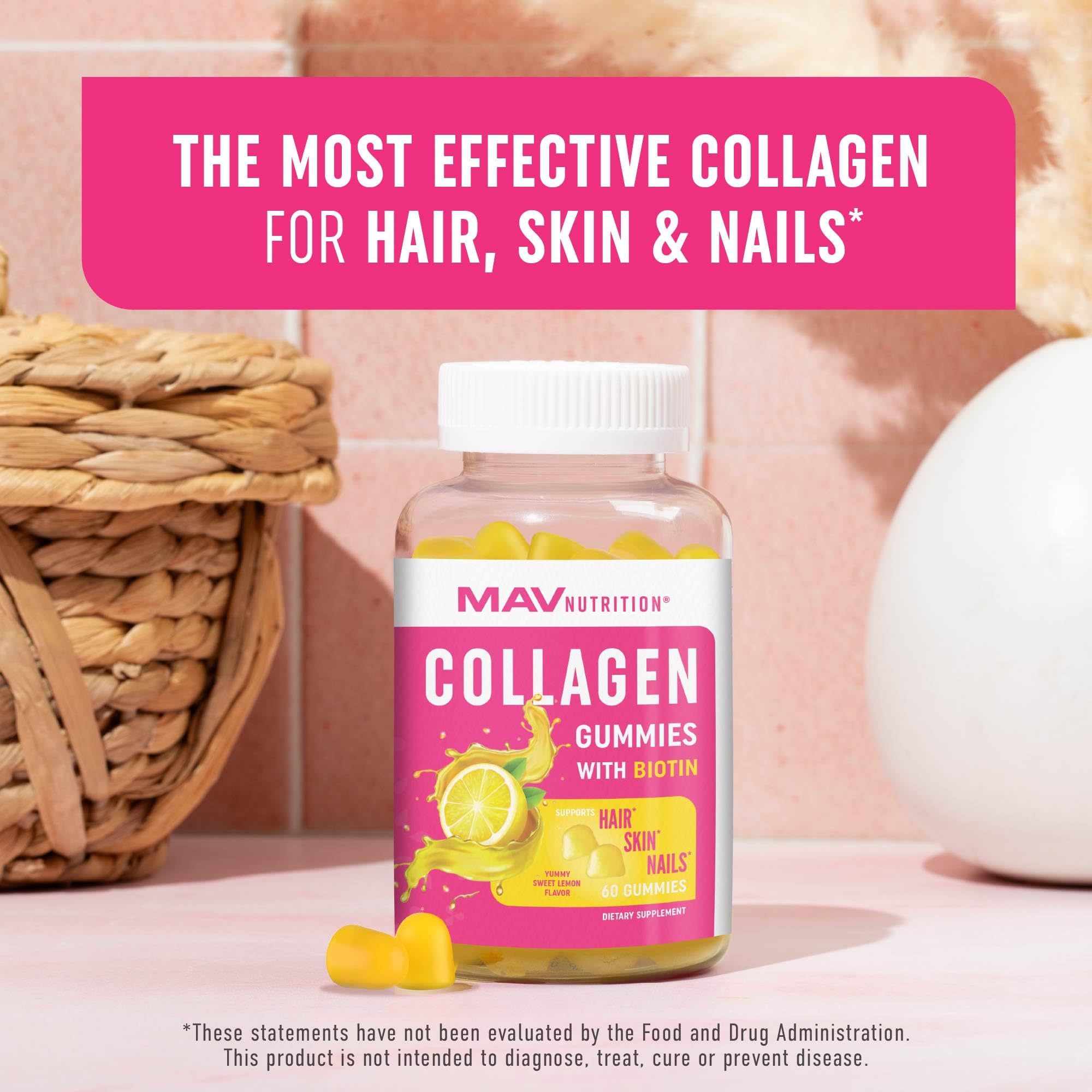 Collagen Gummies for Women – 200 mg Collagen + 2500 mcg Biotin, Vitamin C/E/Zinc | 60 Count | Non-GMO