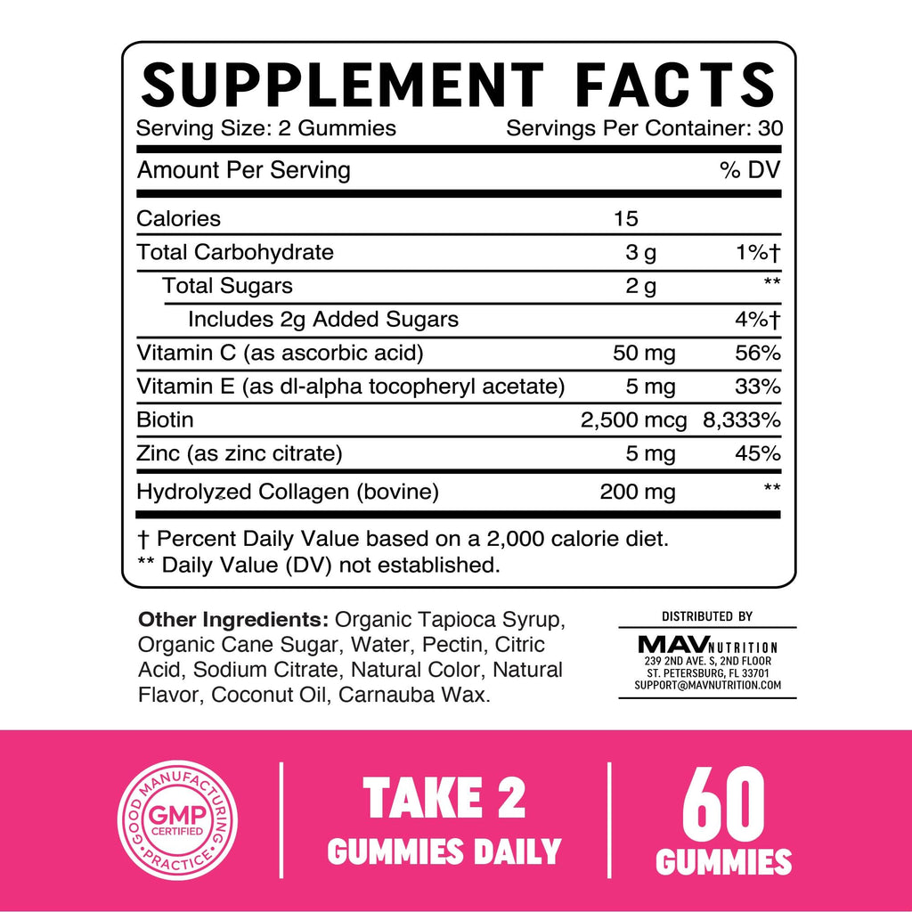 Collagen Gummies for Women – 200 mg Collagen + 2500 mcg Biotin, Vitamin C/E/Zinc | 60 Count | Non-GMO