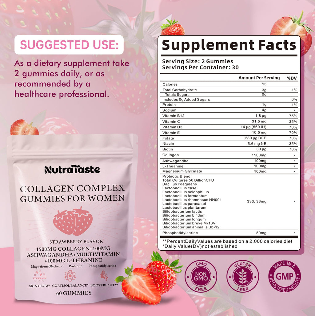Collagen Gummies for Women - Strawberry | Biotin & Probiotics | 30 Servings