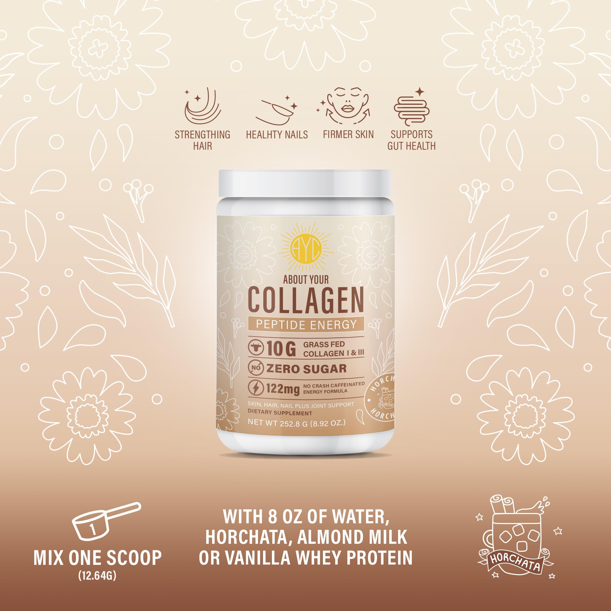 Collagen Peptide Energy Powder – Hair, Skin & Nails | Type I & III | Horchata 8.92 oz