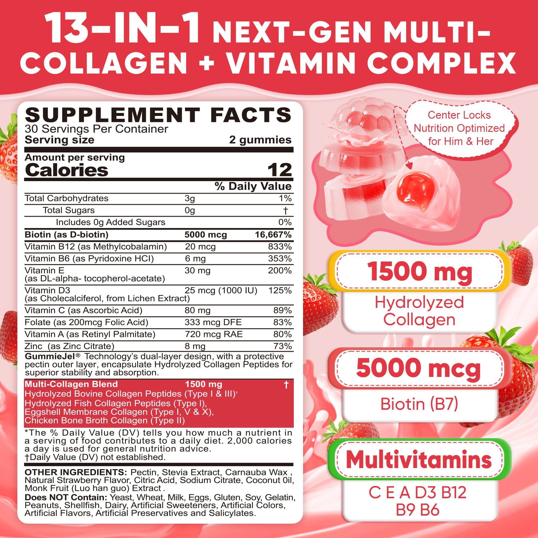 Collagen Peptide Gummies – Sugar-Free Multi-Collagen 1500mg | Biotin 5000mcg | Vitamins for Skin, Hair & Nails | 60 Gummies