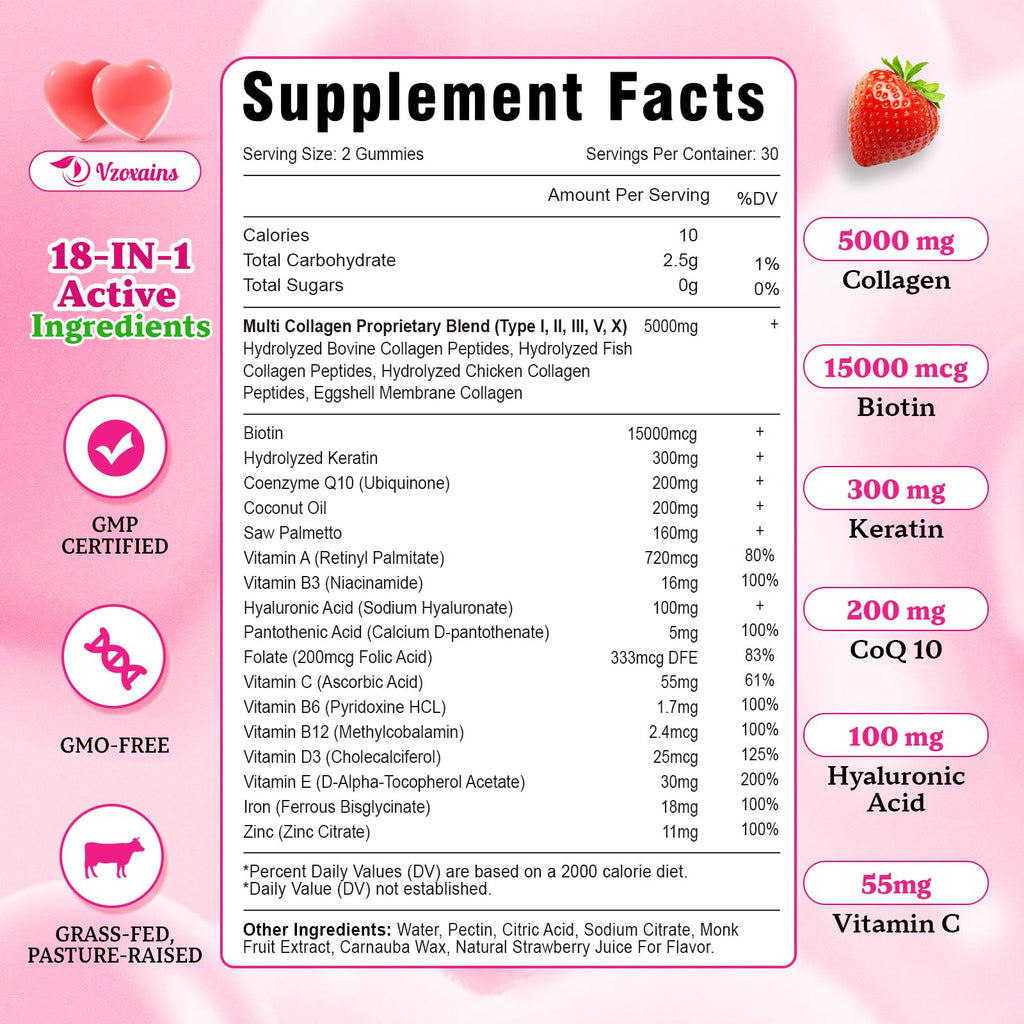 Collagen Peptides Gummies 5000MG – Strawberry Sugar Free | Biotin, Hyaluronic Acid, Vitamin C (Types I–X)